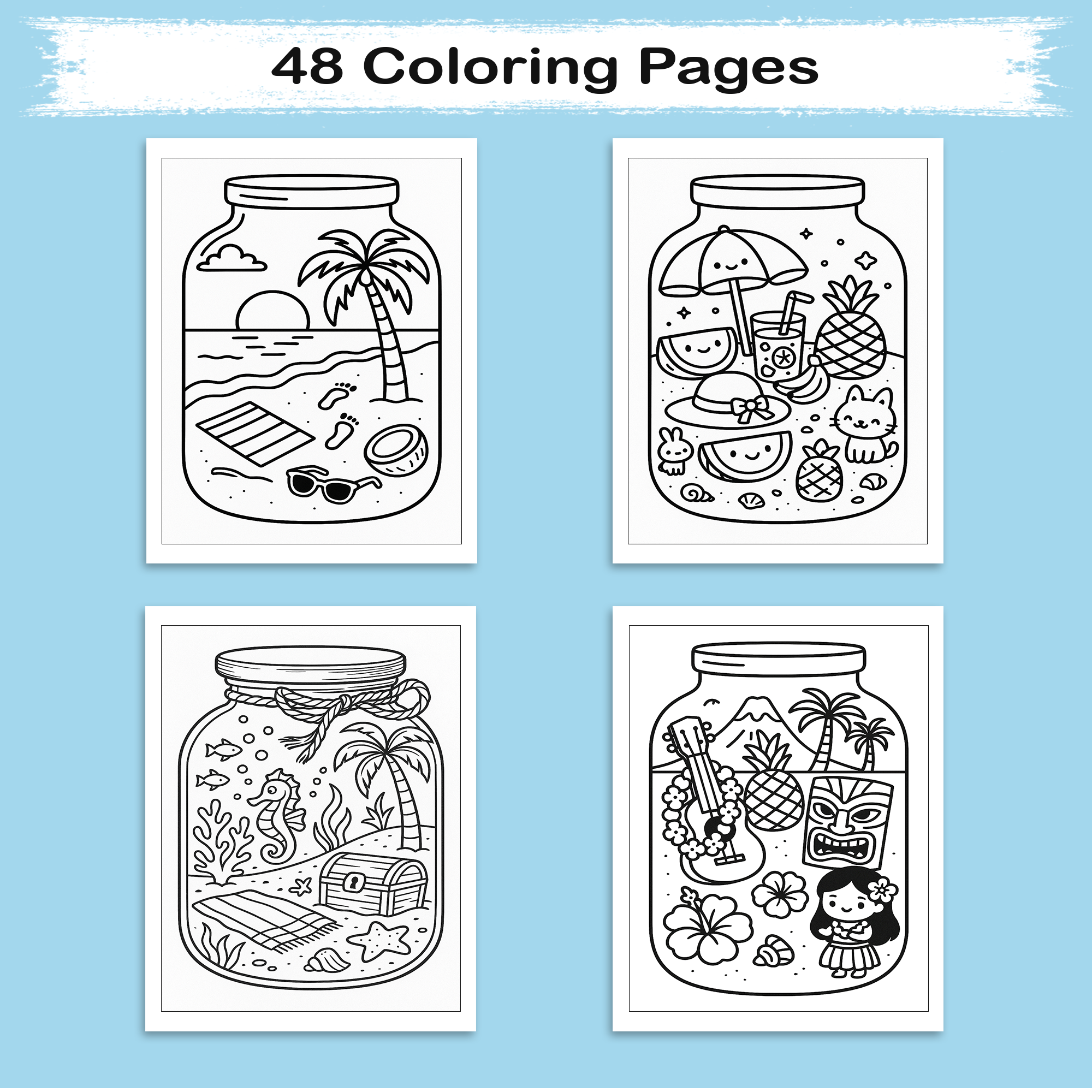 Hawaii in a Jar Coloring Pages – 48 Pages – Whimsical, Relaxing, Beach Aesthetic – For Adults