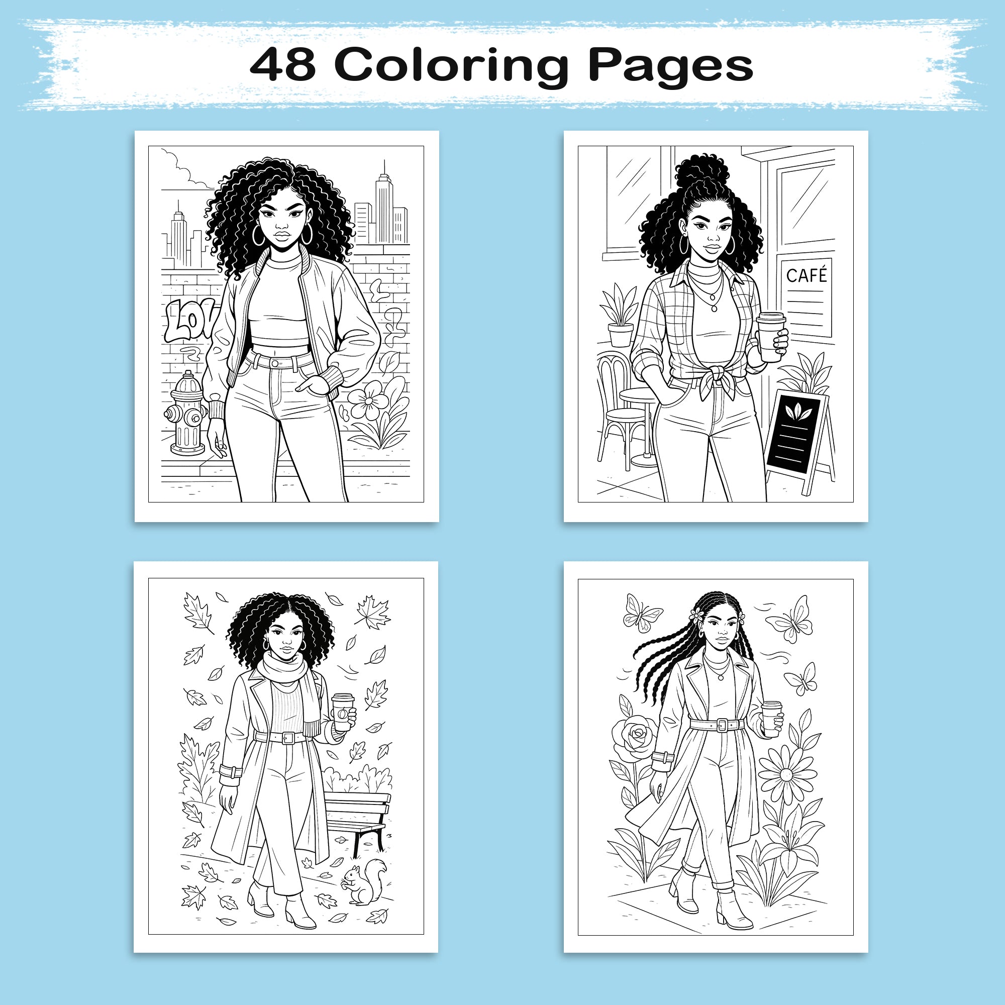 Curly Queen Coloring Pages – 48 Pages – Bold, Empowering, Natural Hair Beauty – For Adults