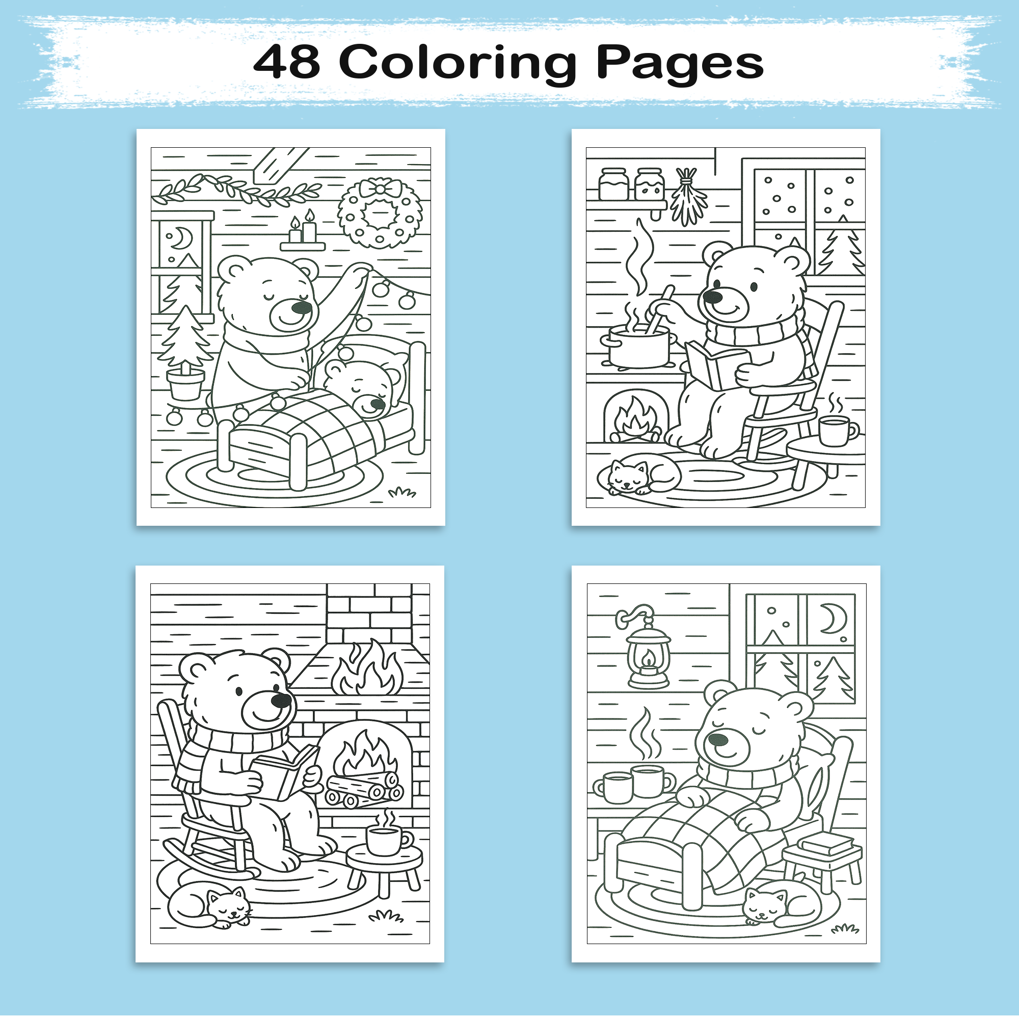 Cozy Cabin Bear – Animal Coloring Pages – 48 Pages – Warm, Rustic, Woodland Vibes – For Kids