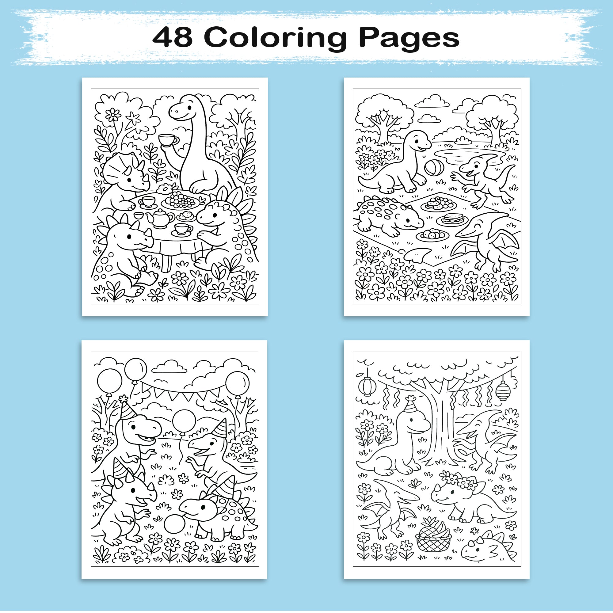 Dinosaurs’ Delightful Day in Nature – Dinosaur Coloring Pages – 48 Pages – Joyful, Outdoor, Prehistoric Scenes – For Kids