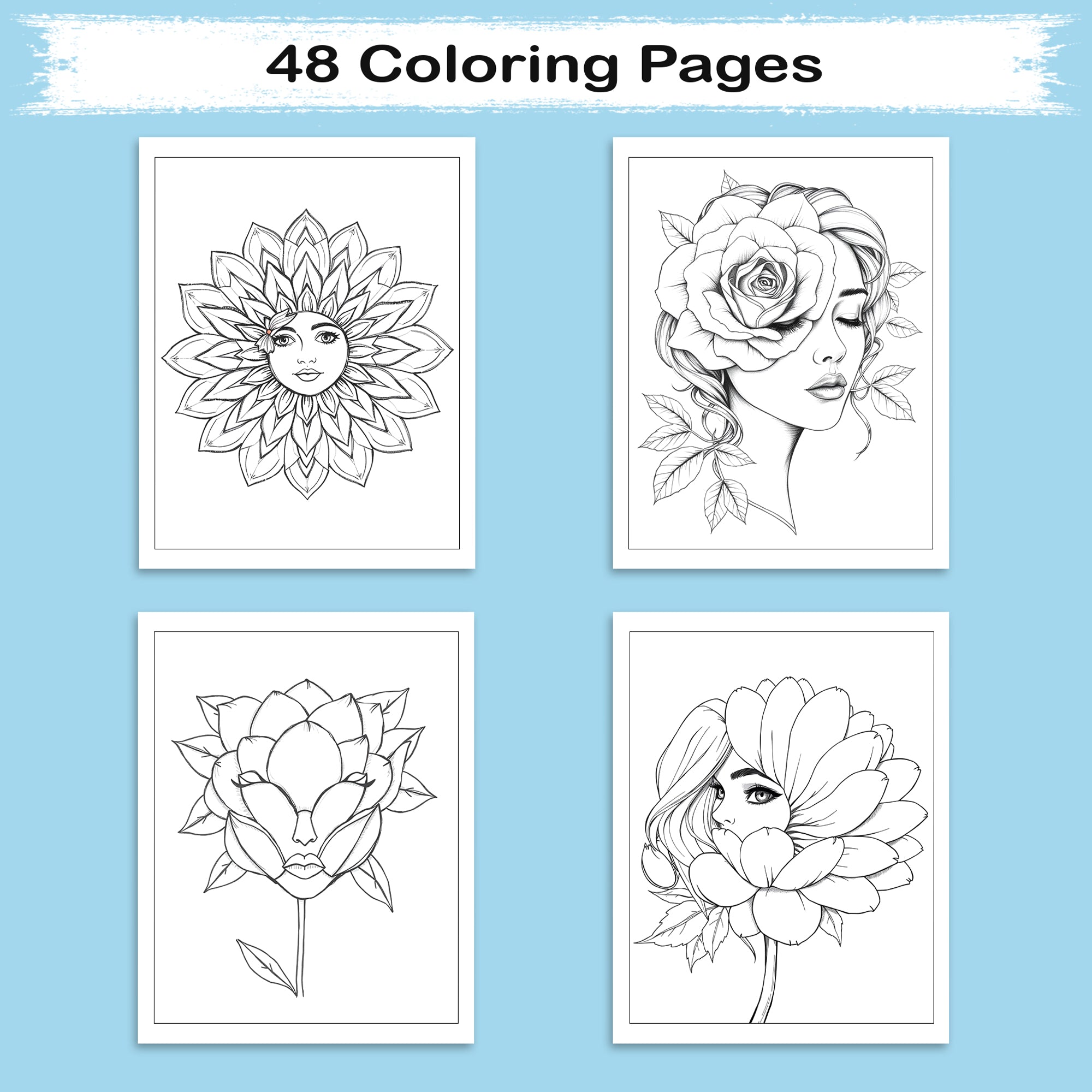 Faces in Bloom – Coloring Pages – 48 Surreal Floral Portraits – For Kids And Adults