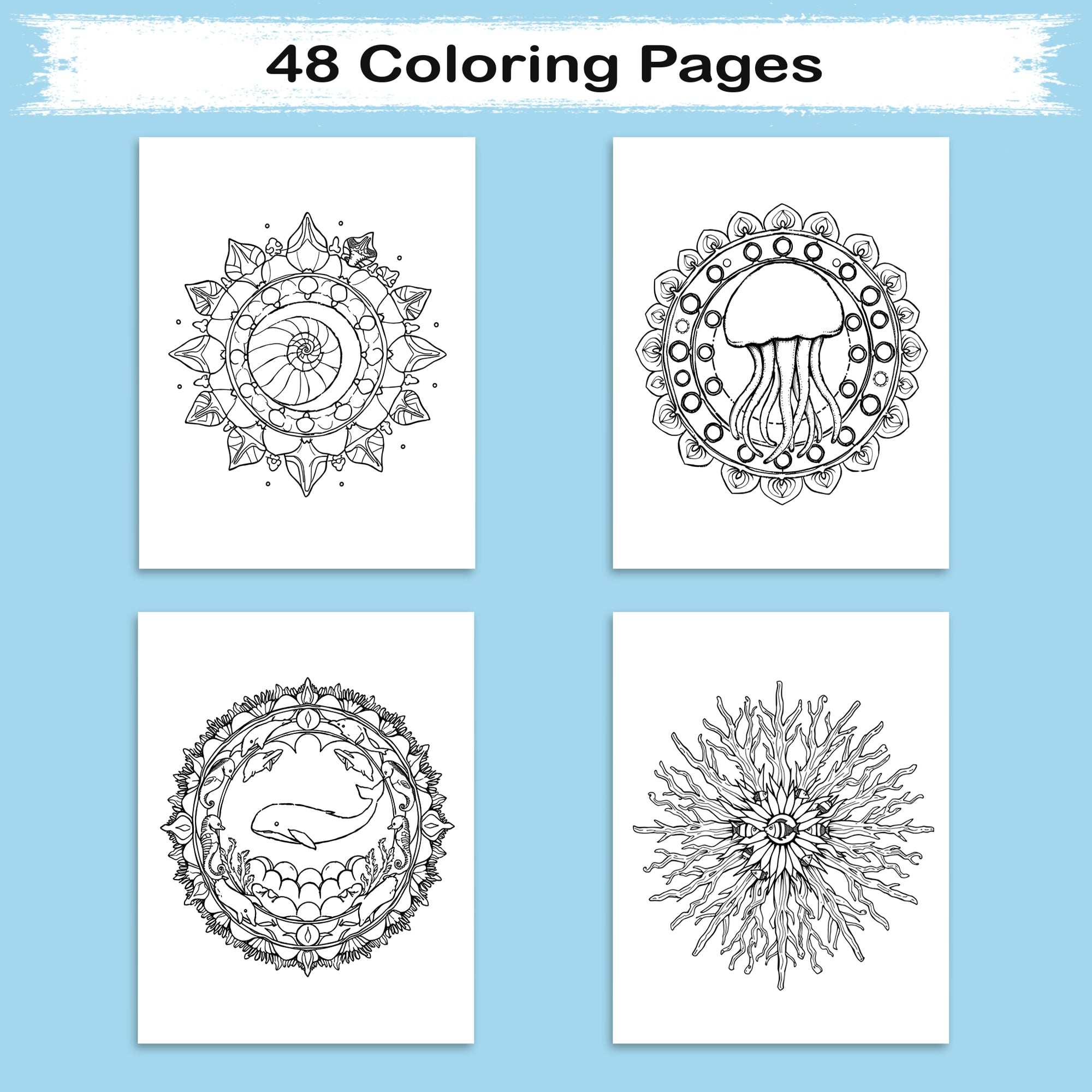 Ocean Mandalas – Mandala Coloring Pages – 48 Pages – Shells, Seahorses, Waves & Underwater Flow – For Adults