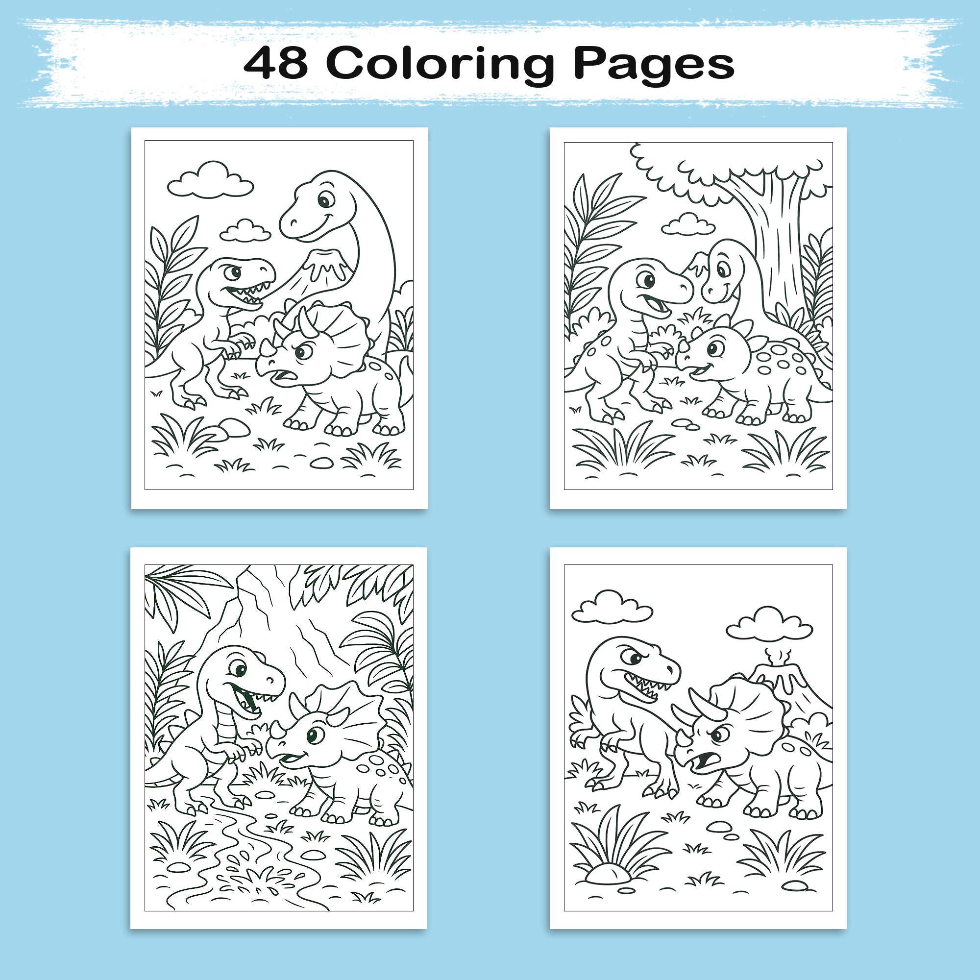 Jurassic Friends & Fights Coloring Pages for Kids – 48 Dino Adventures