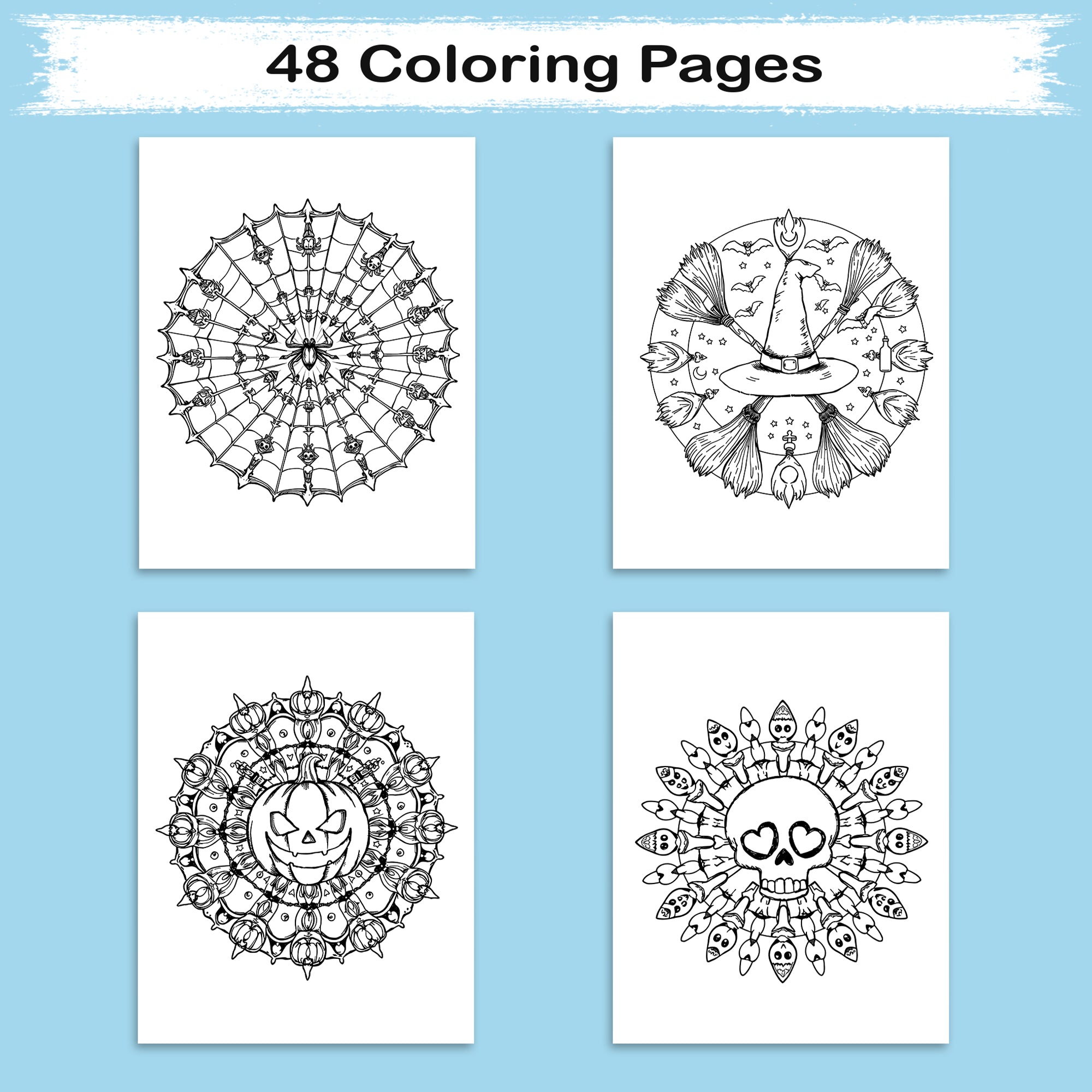 Haunted Mandalas – Mandala Coloring Pages – 48 Pages – Pumpkins, Bats, Skulls & Witchy Symbols – For Adults and Teens