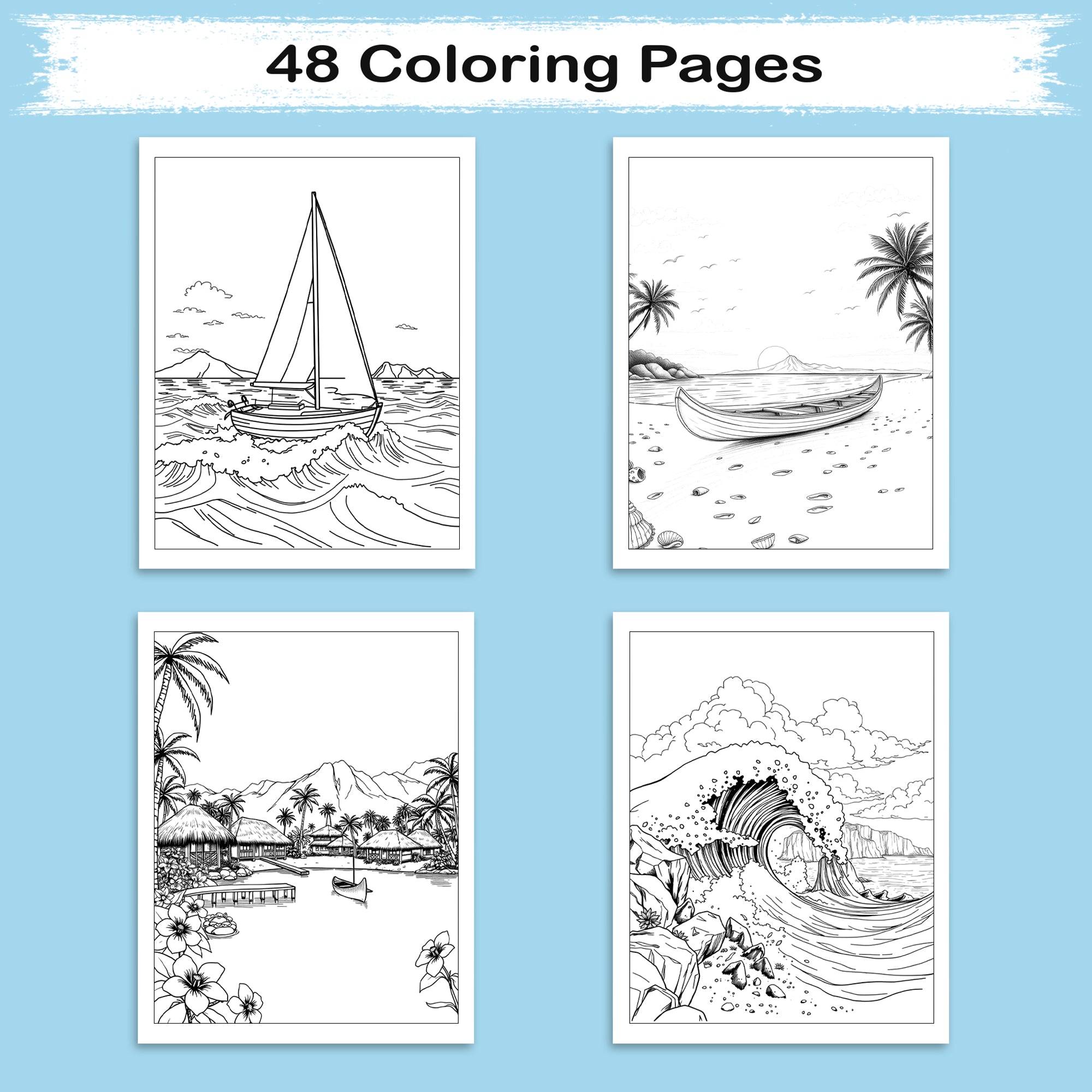 Waves & Villages of Hawaii Coloring Pages – 48 Peaceful Island Scenes with Canoes & Ocean Views - For Adults