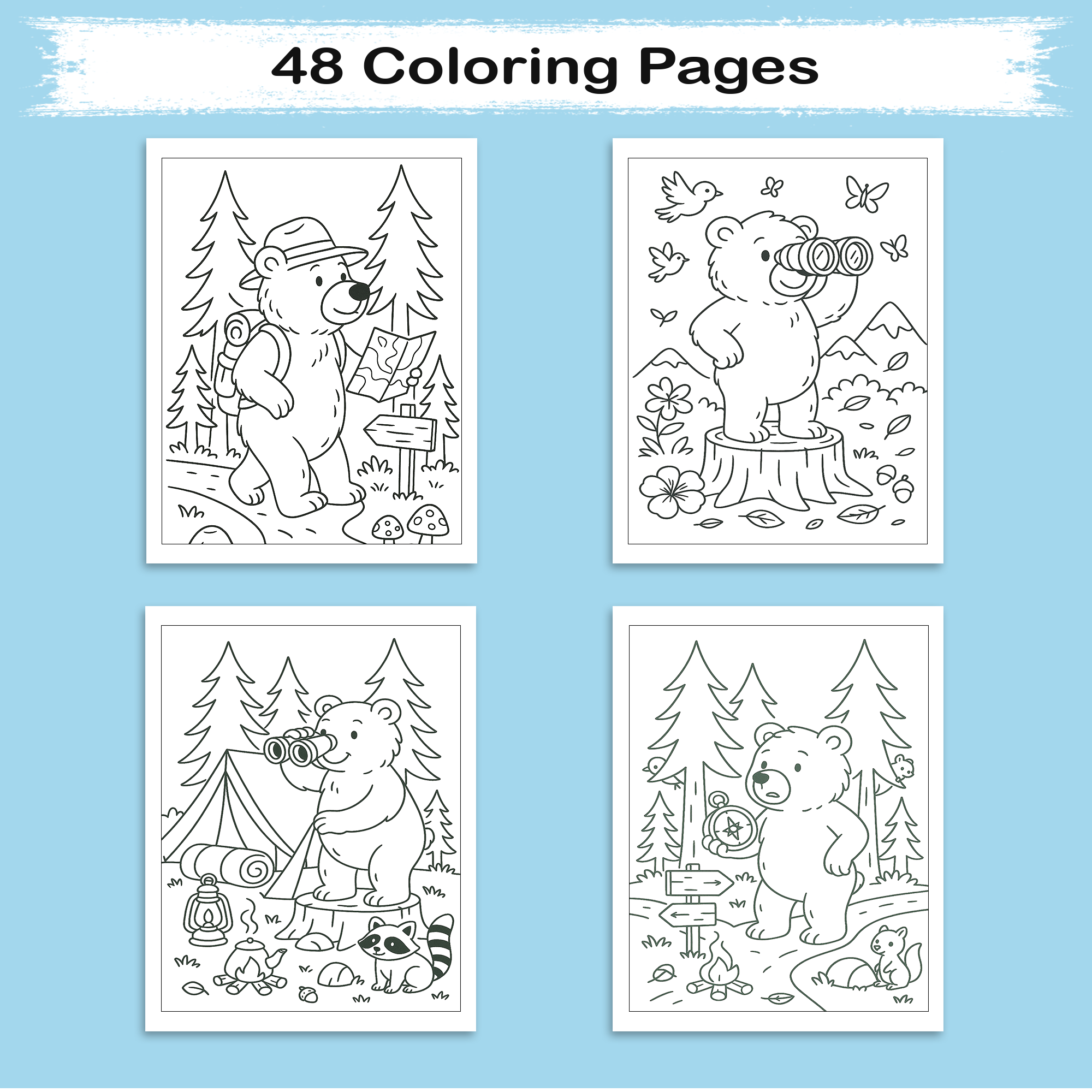 Brown Bear Adventures – Animal Coloring Pages – 48 Pages – Cute, Forest, Wholesome Moments – For Kids