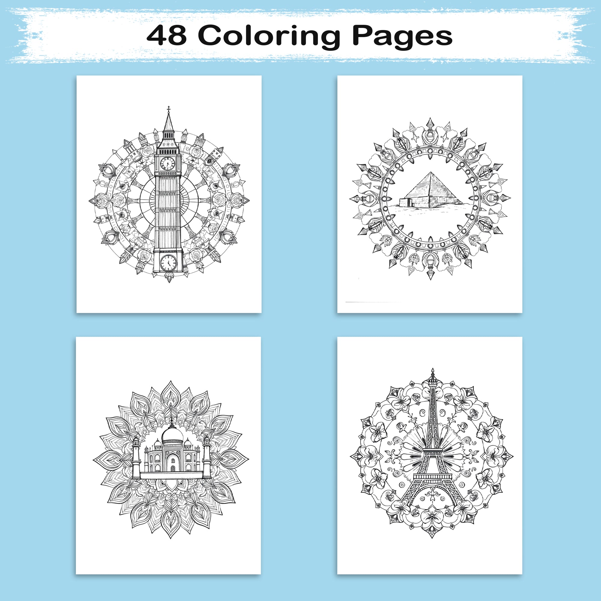 Architectural Mandalas of the World – Mandala Coloring Pages – 48 Pages – Eiffel Tower, Pyramids, Taj Mahal & More – For Adults