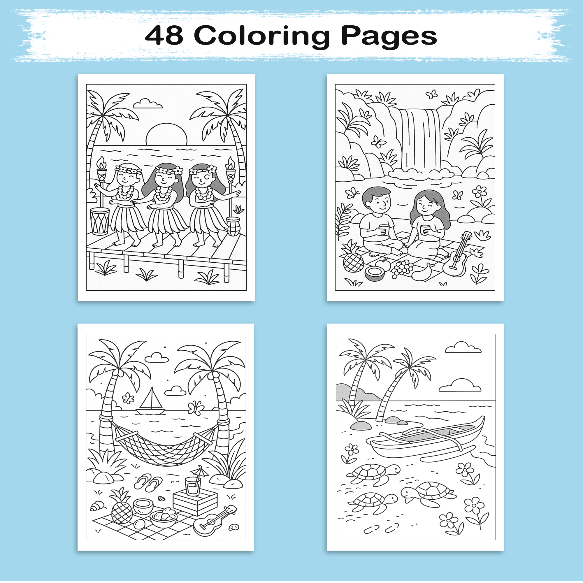 Sunshine & Hula Coloring Pages – 48 Pages – Fun, Tropical, Hawaiian Dances – For Kids