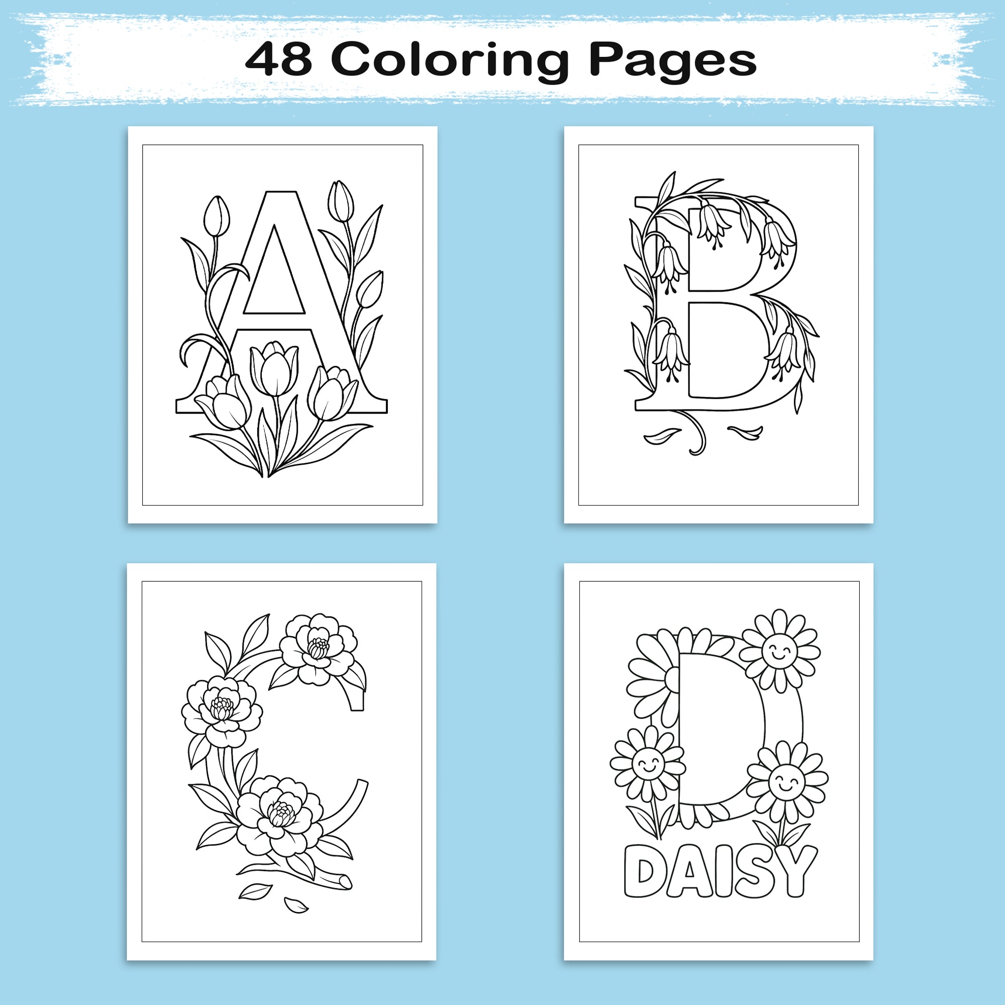 Floral Alphabet Wonders – Coloring Pages – 48 Botanical Letters – For Kids And adults
