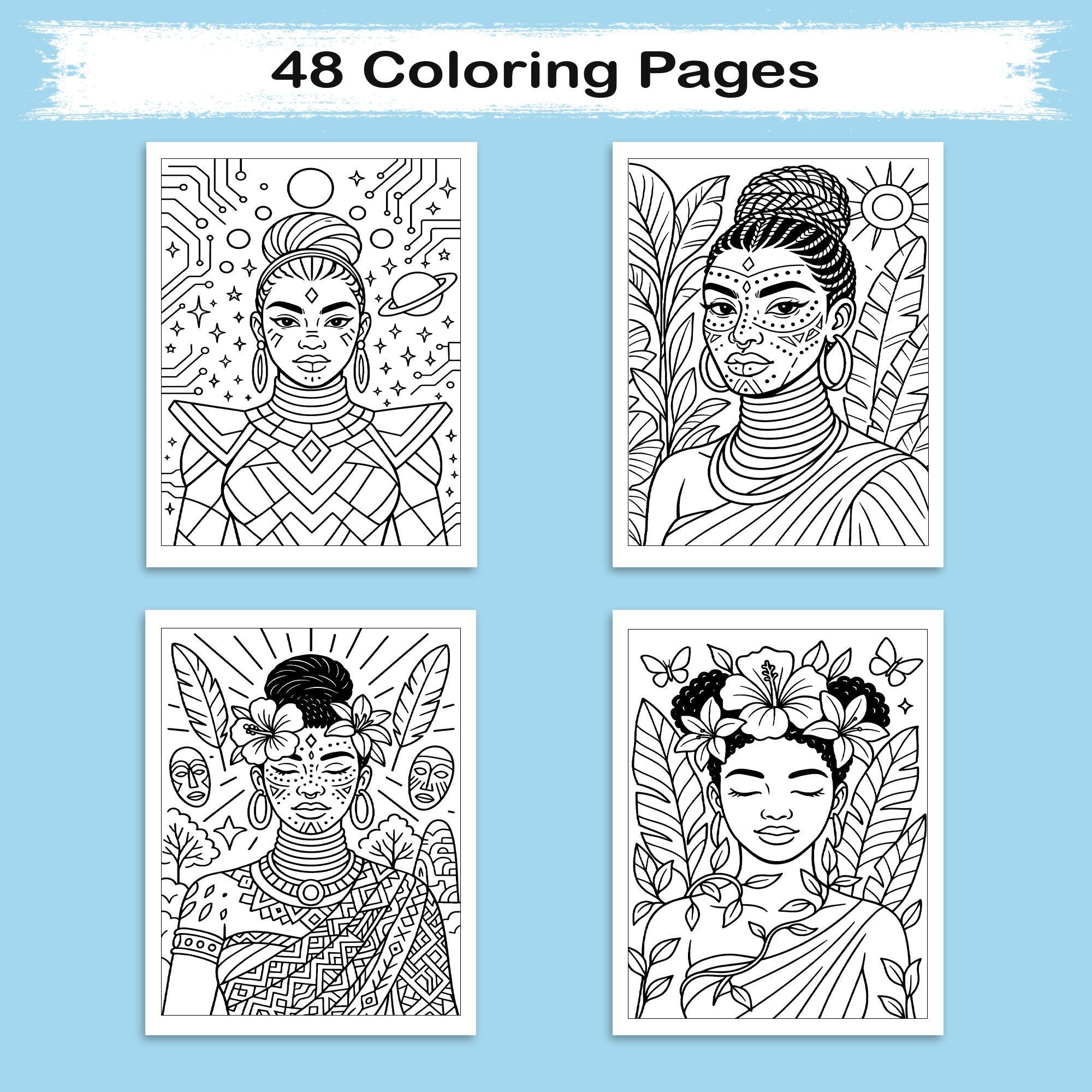 Tropical Goddess Coloring Pages – 48 Pages – Radiant, Relaxing, Feminine Energy – For Adults
