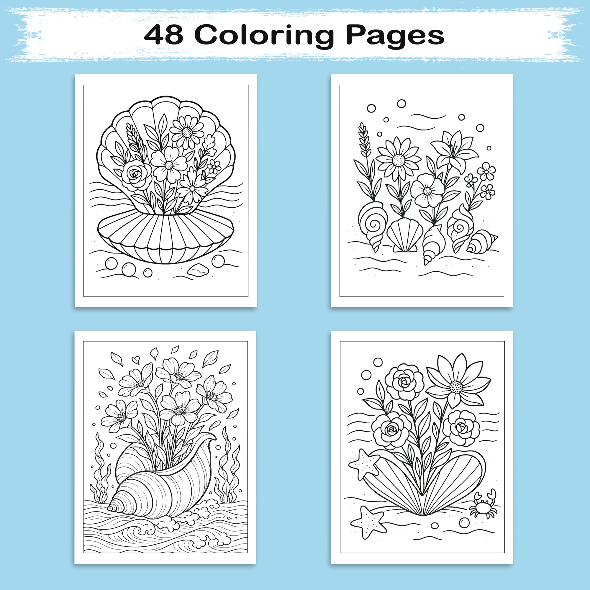 Seashell Blooms – Coloring Pages – 48 Ocean-Inspired Floral Designs – For Kids And Adults