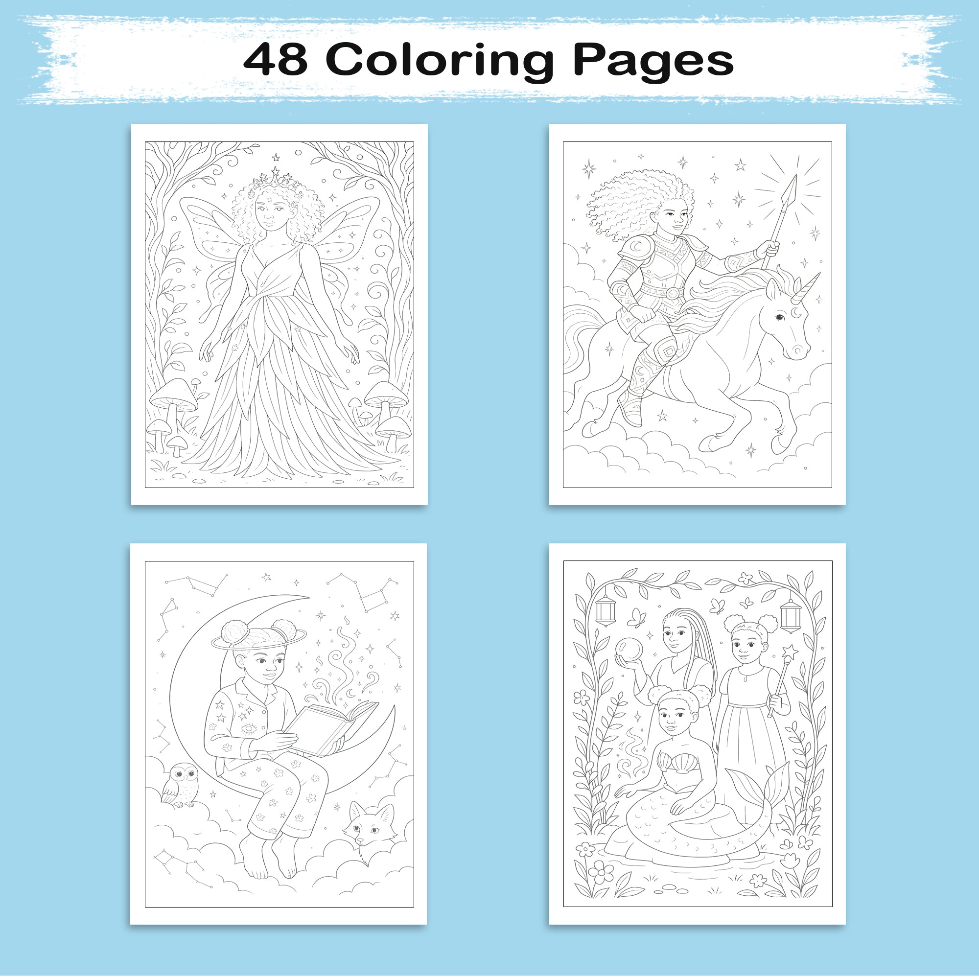 Moonlit Crowns & Magic Dreams Coloring Pages – 48 Fantasy Fairytale Scenes for Kids