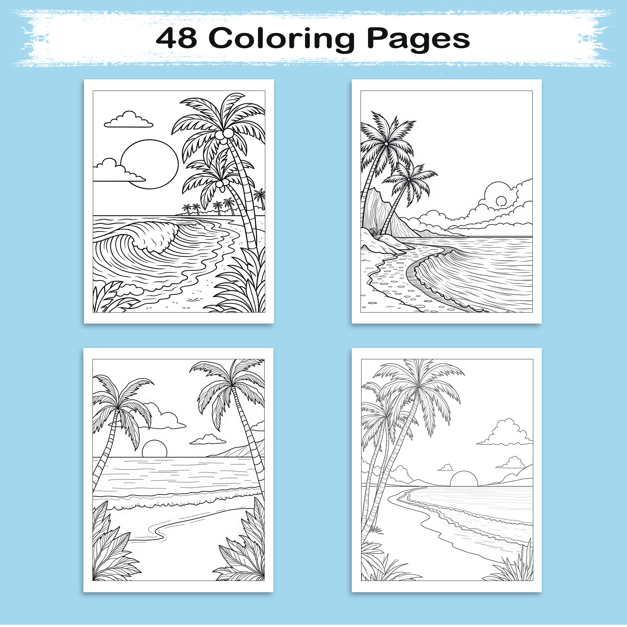 Hawaiian Paradise Views Coloring Pages – 48 Pages – Scenic, Relaxing, Tropical Vibes – For Adults