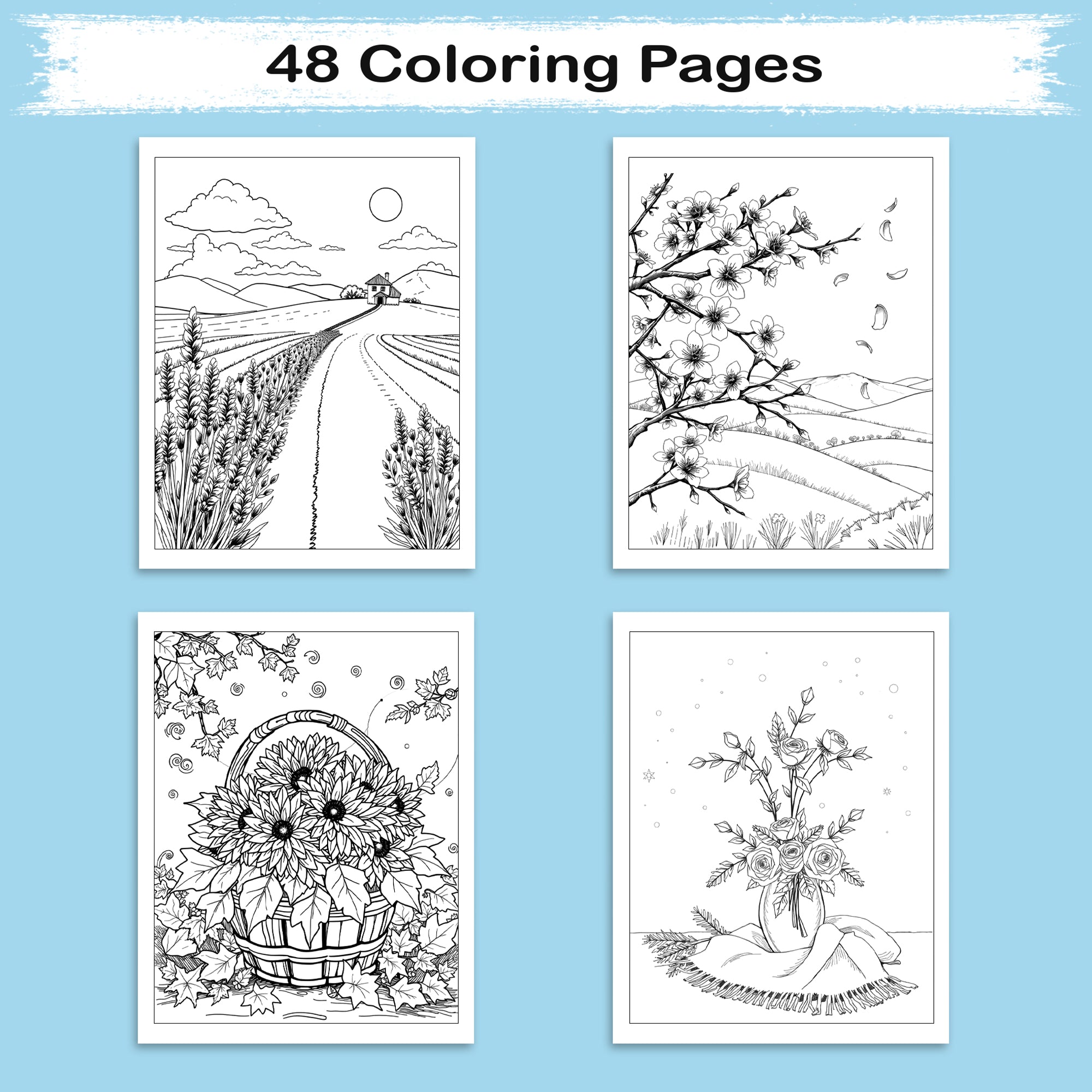 Seasons in Bloom – Flower Coloring Pages – 48 Pages – Cherry Blossoms, Lavender, Mums & Poinsettias – For Adults