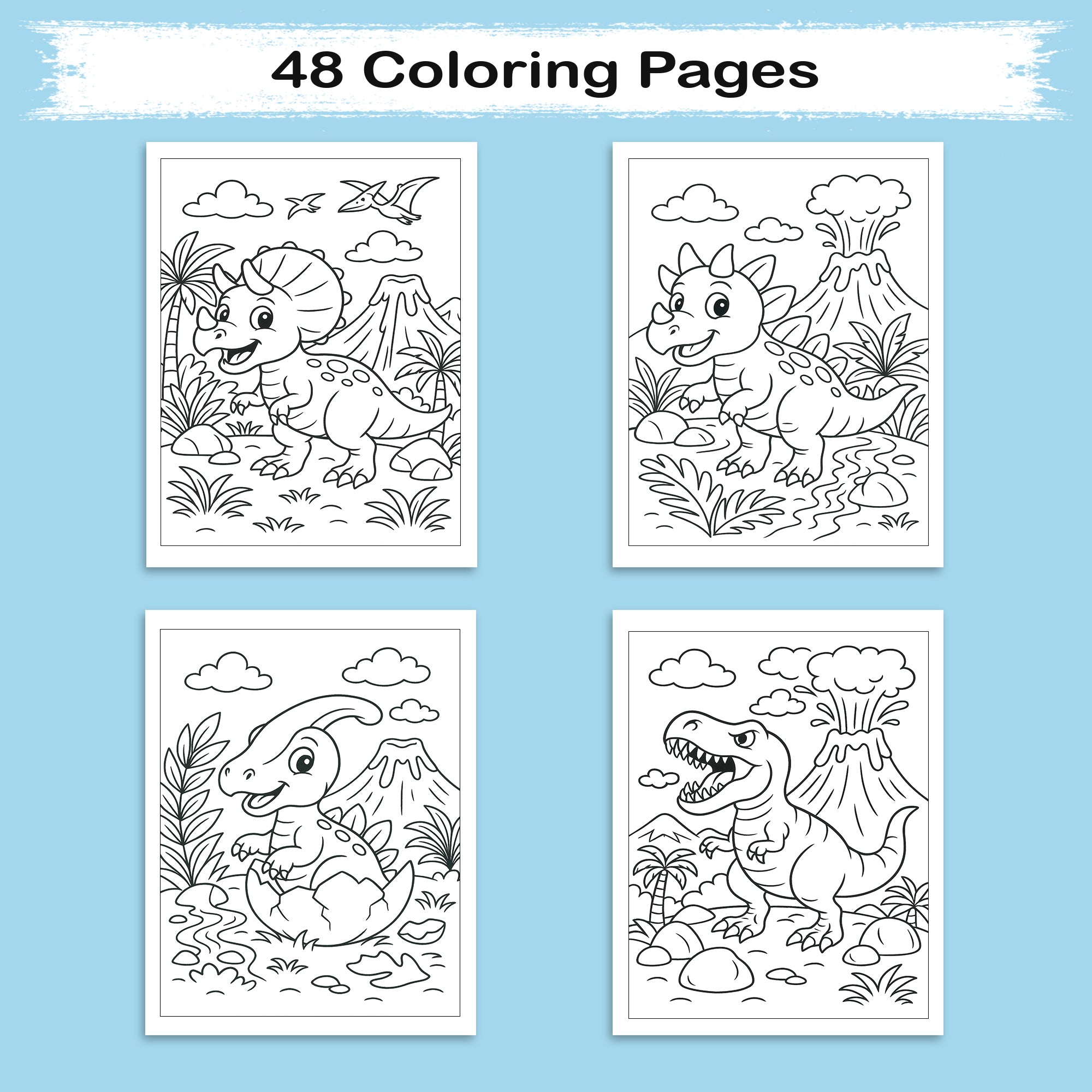 Dino Volcano World Coloring Pages for Kids – 48 Action-Packed Designs