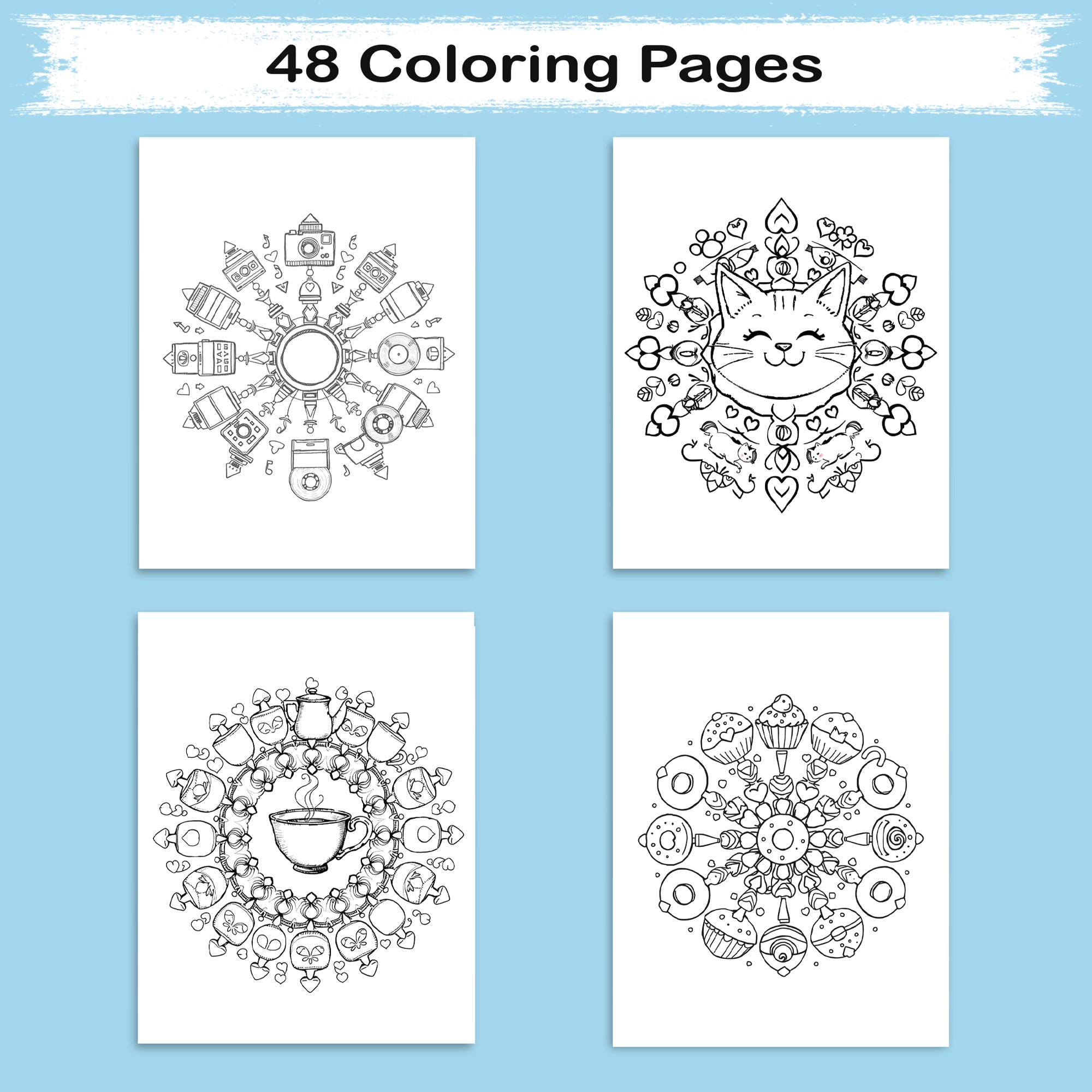 Whimsy Object Mandalas – Mandala Coloring Pages – 48 Pages – Donuts, Teacups, Cats & Cute Surprises – For All Ages