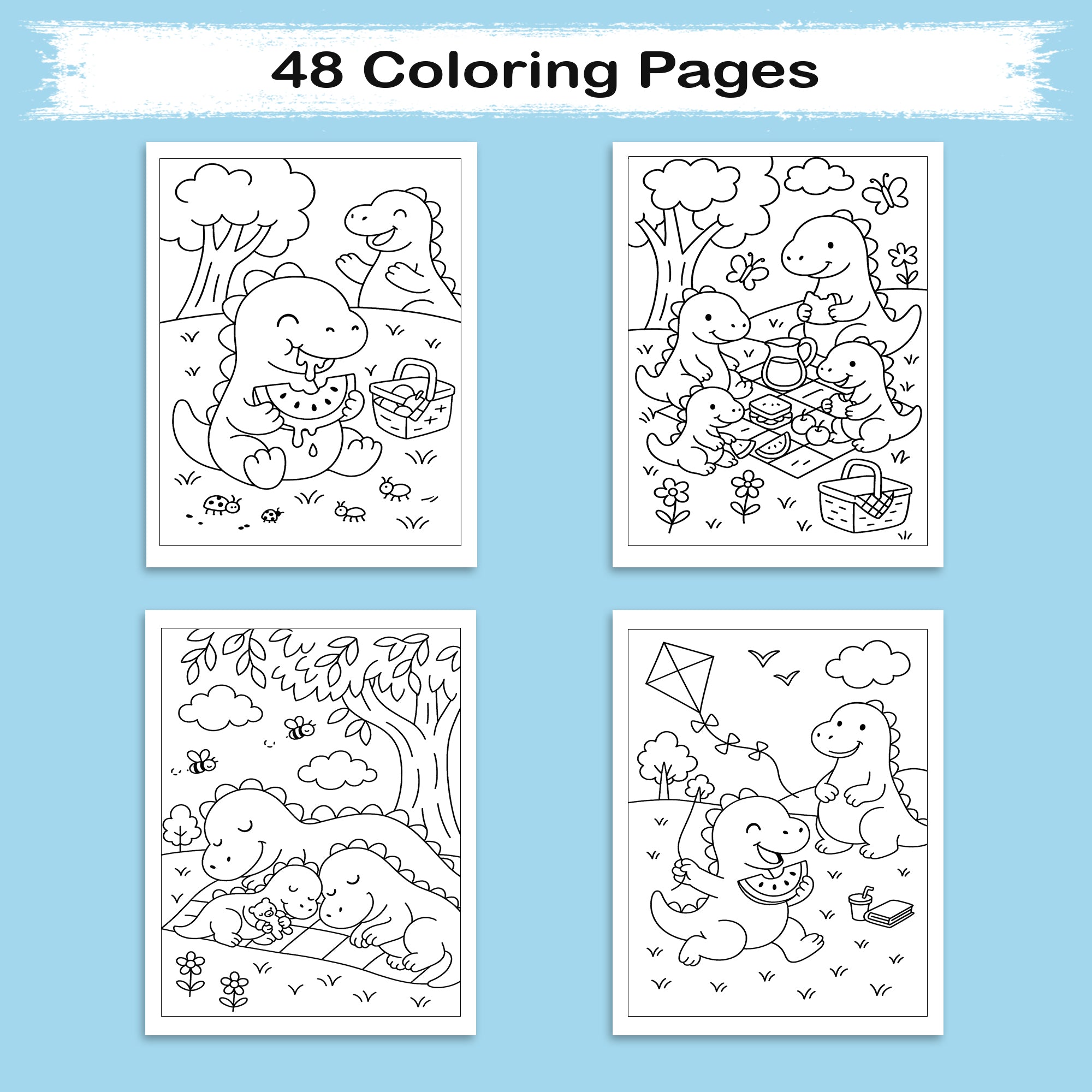 Dino Family Picnic Coloring Pages – 48 Pages – Fun, Cozy, Prehistoric Adventures – For Kids