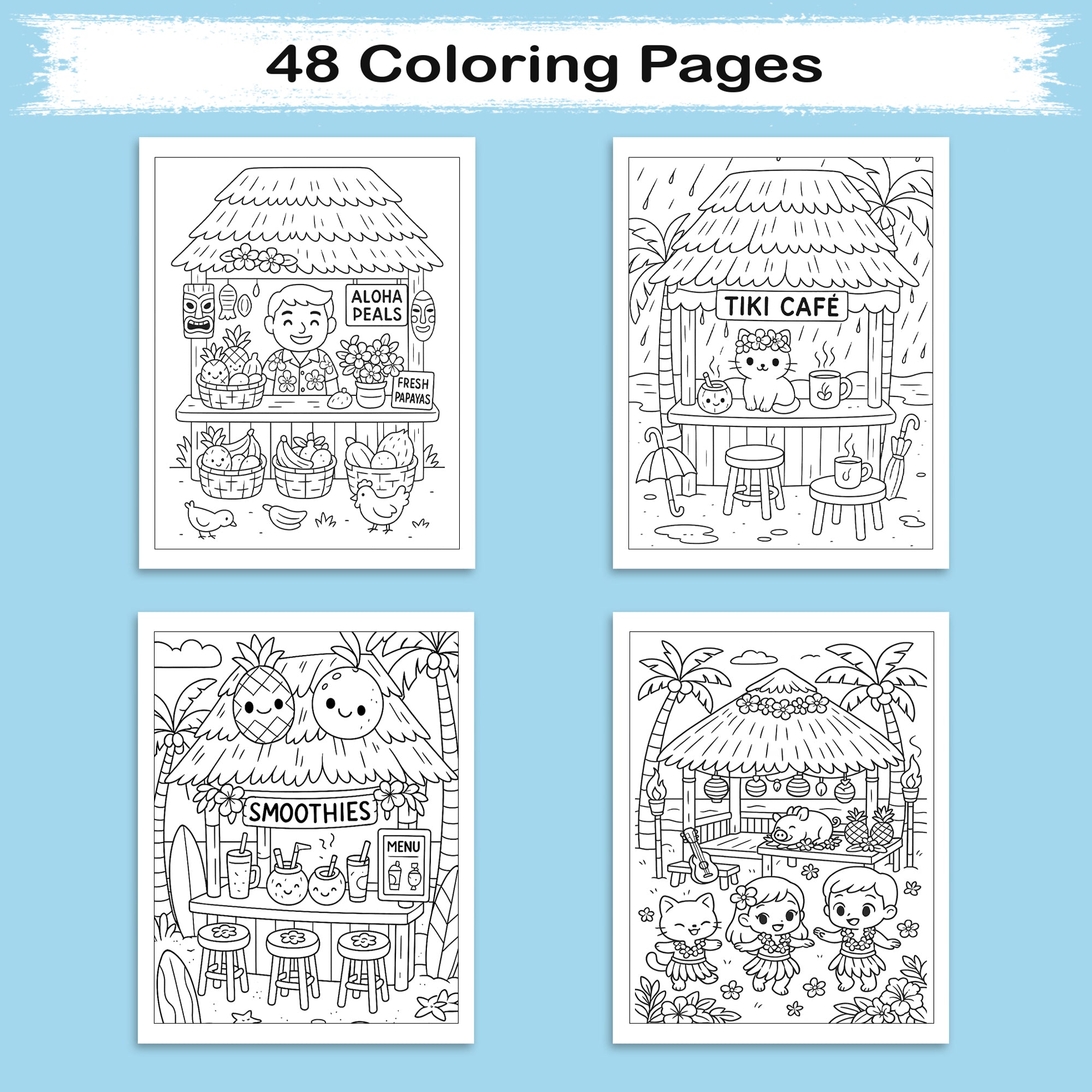 Cozy Tiki Days in Hawaii Coloring Pages – 48 Relaxing Tropical Island Scenes – For Kids