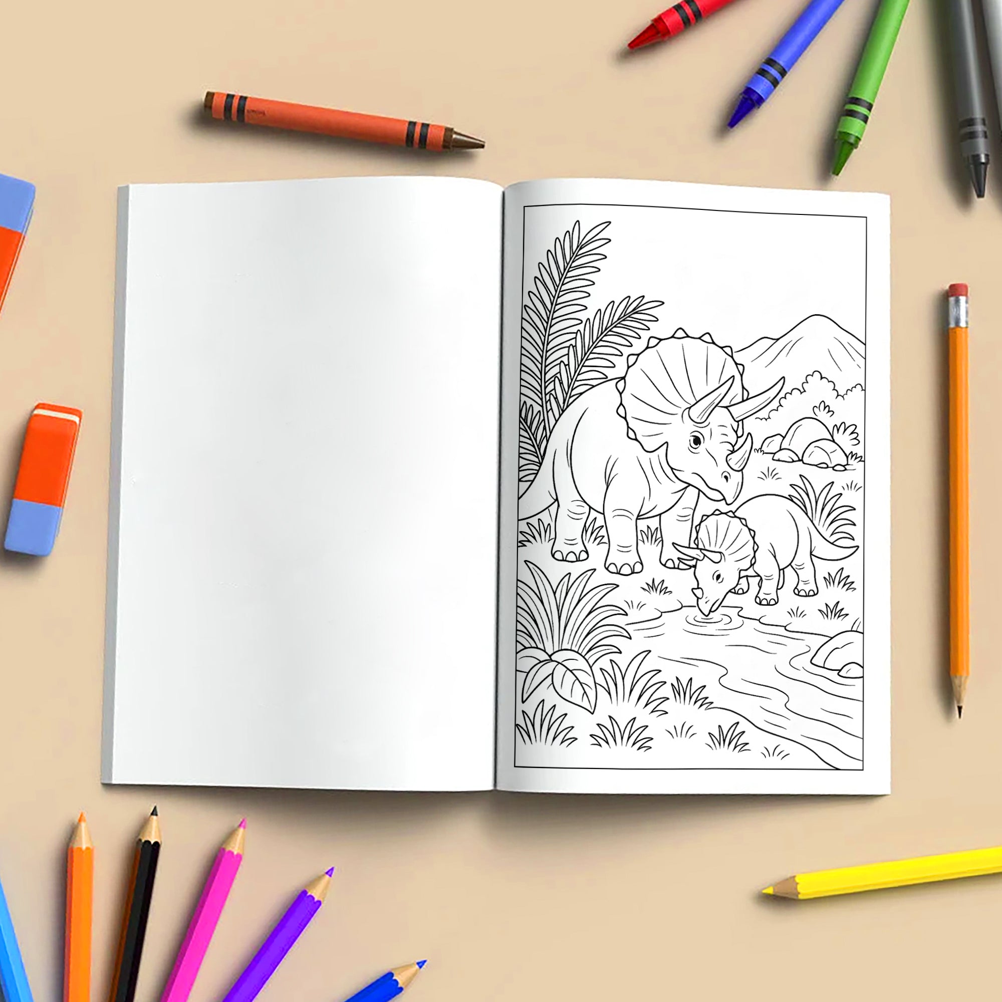 Triceratops Valley Coloring Pages – 48 Pages – Cute, Peaceful, Dinosaur Family Moments – For Kids