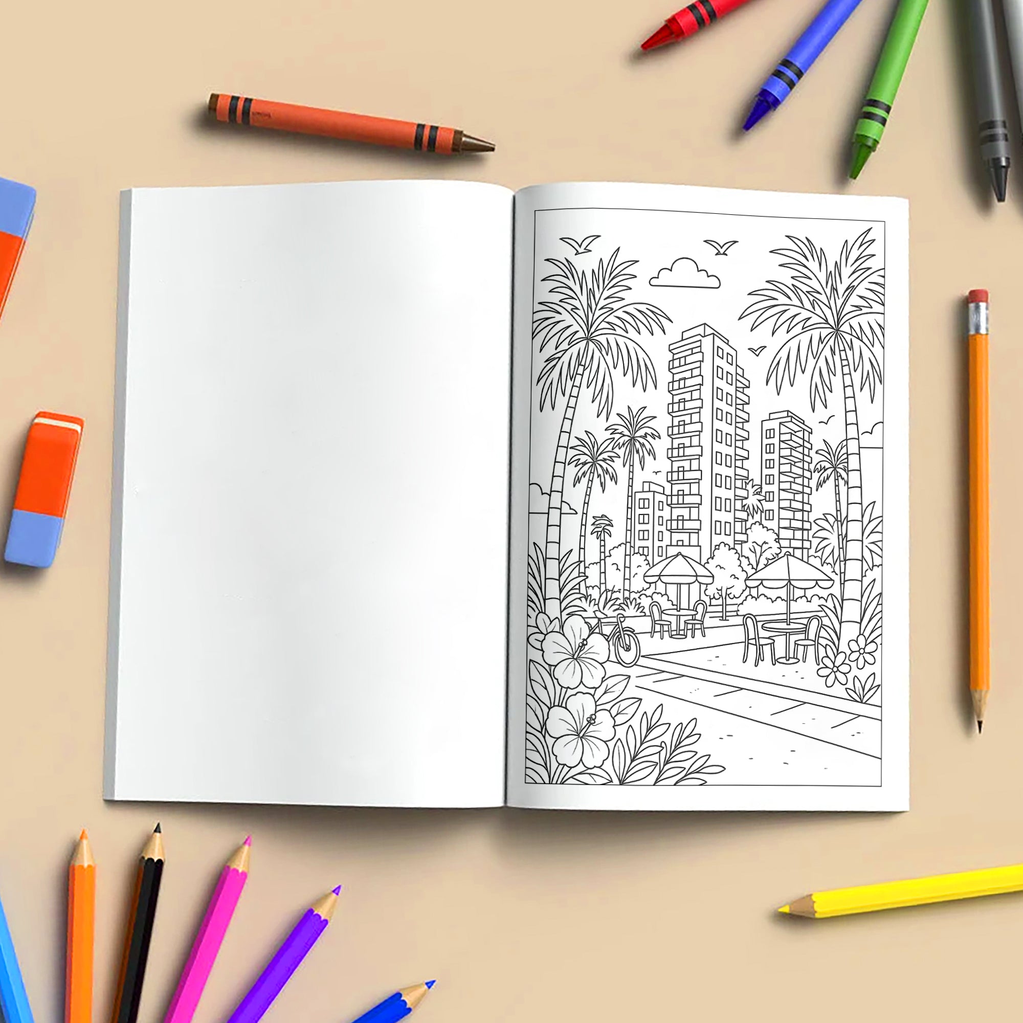 Hawaii Cityscapes & Sunsets – Hawaii Coloring Pages – 48 Pages – Tropical Urban Scenes, Sunset Views – For Adults