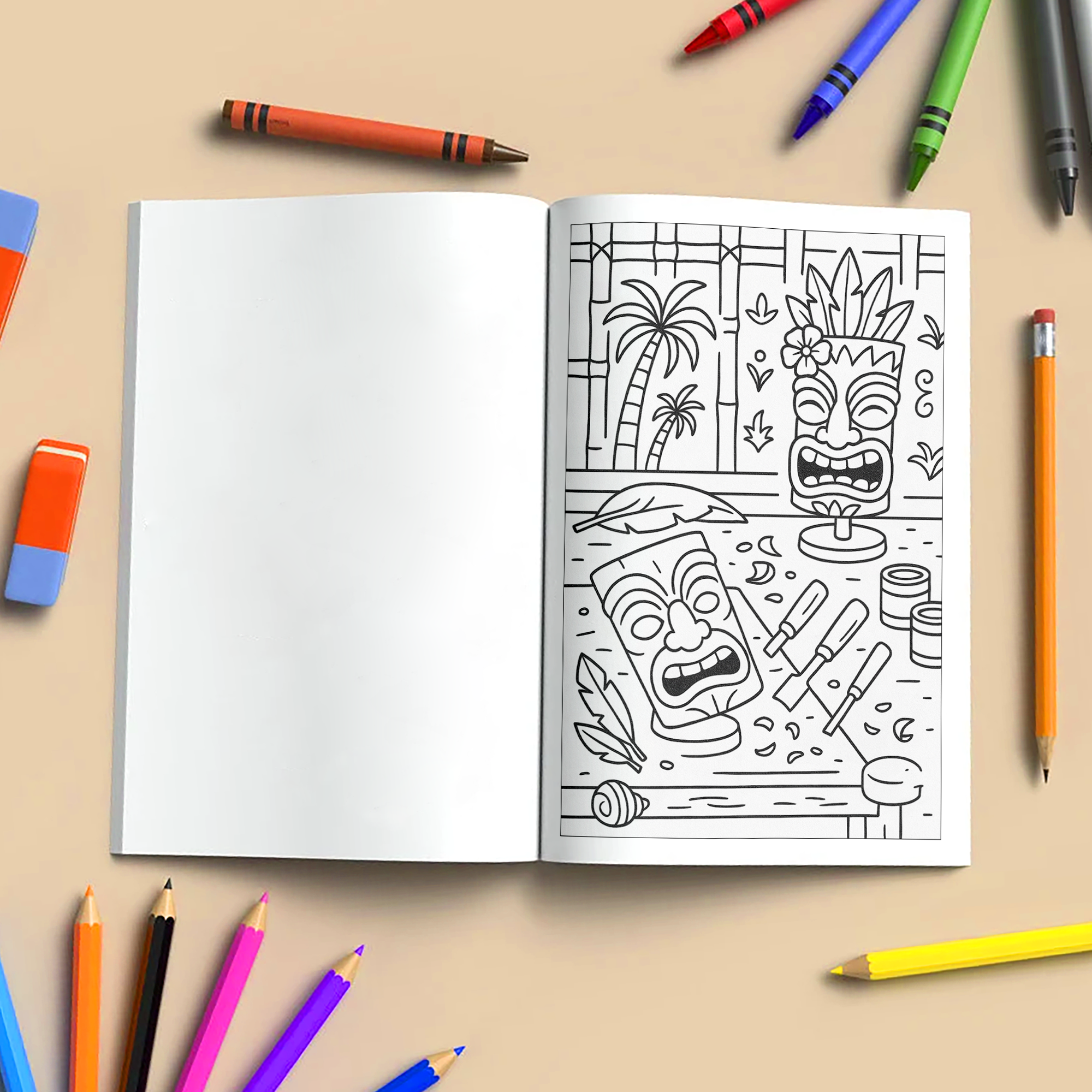 Tiki Party Vibes Coloring Pages – 48 Pages – Fun, Playful, Luau Adventures – For Kids