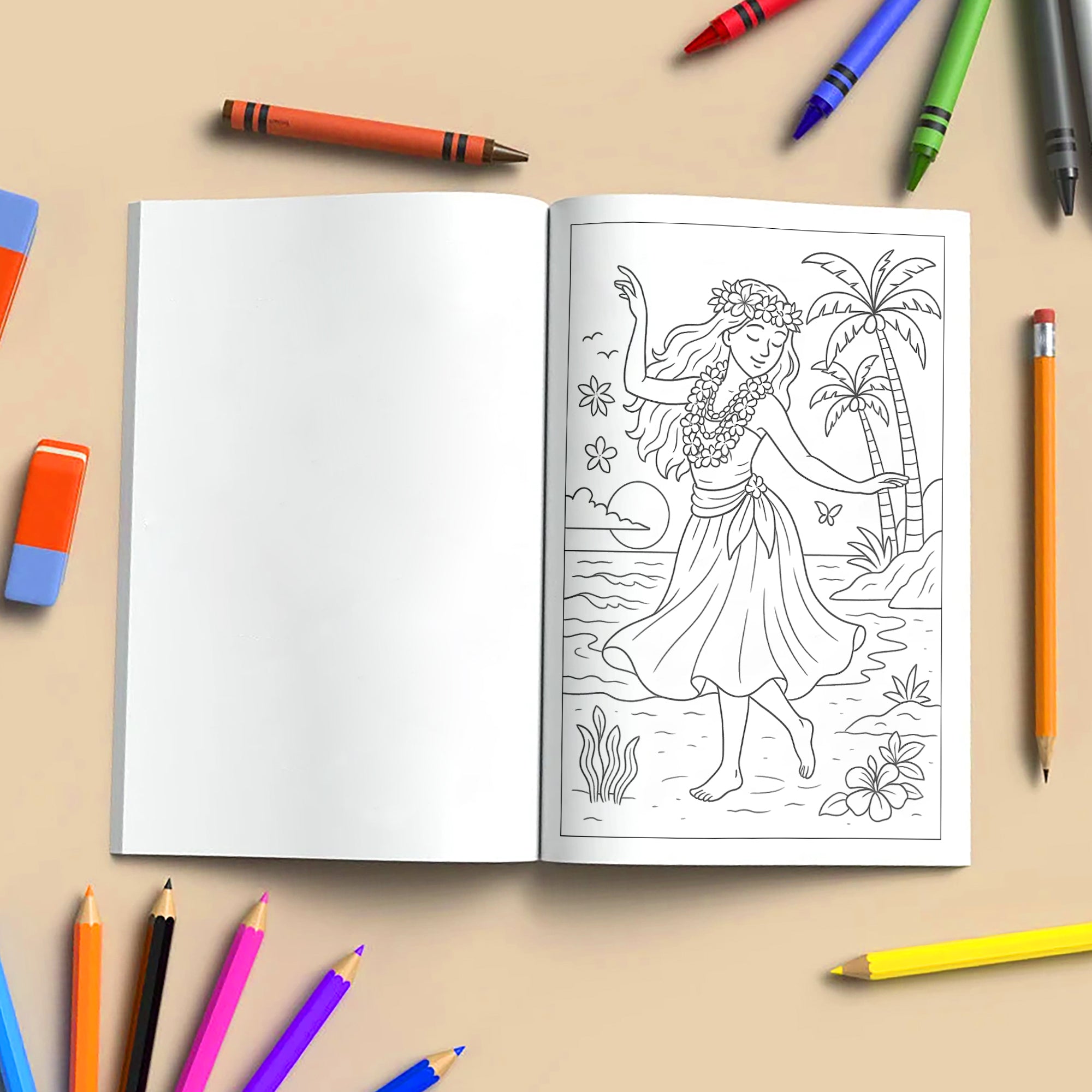 Island Girls of Hawaii Coloring Pages – 48 Tropical Portraits of Graceful Women & Scenic Views - For Adults