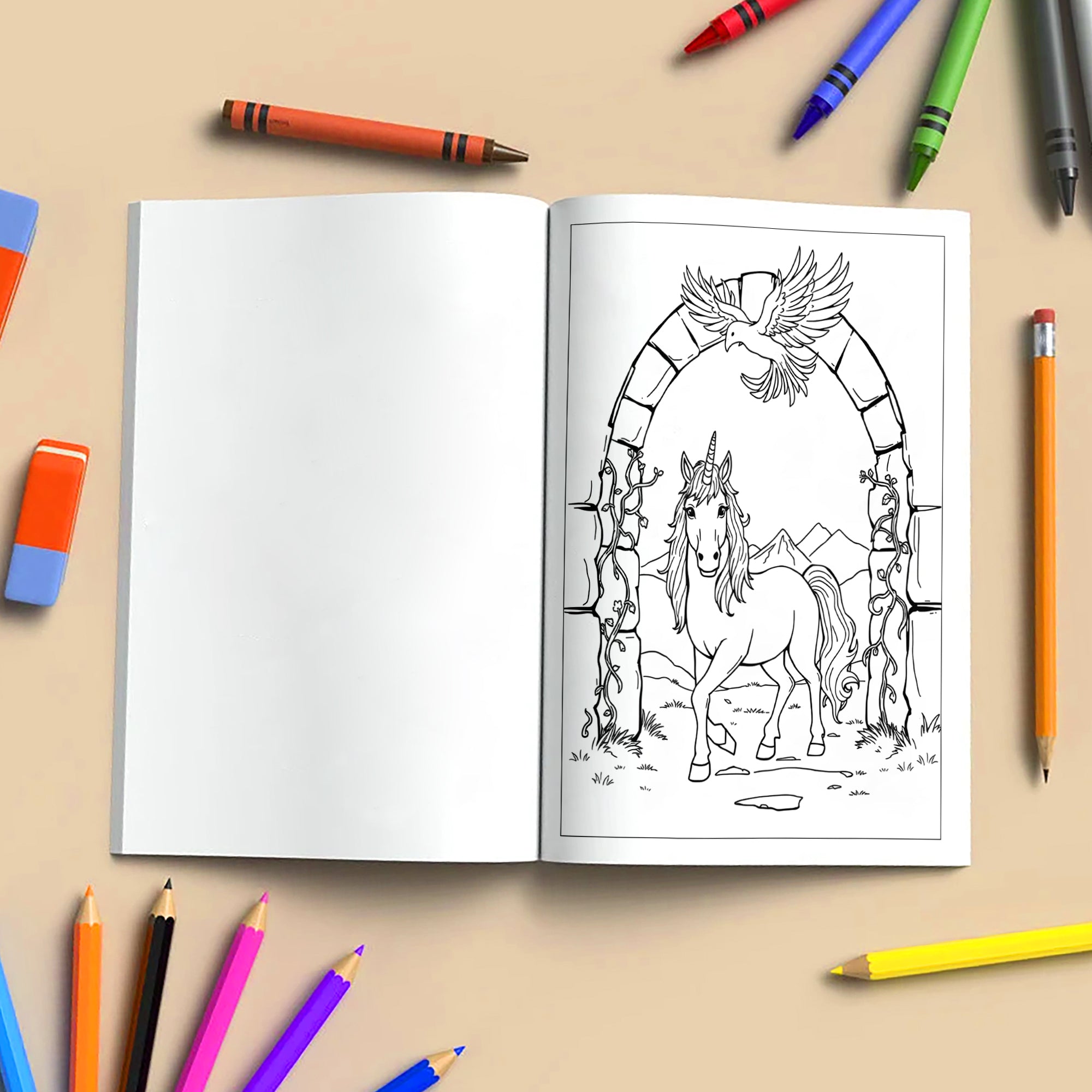 The Unicorn & Phoenix – Coloring Pages – 48 Mythical Journey Scenes – For Kids and Adults