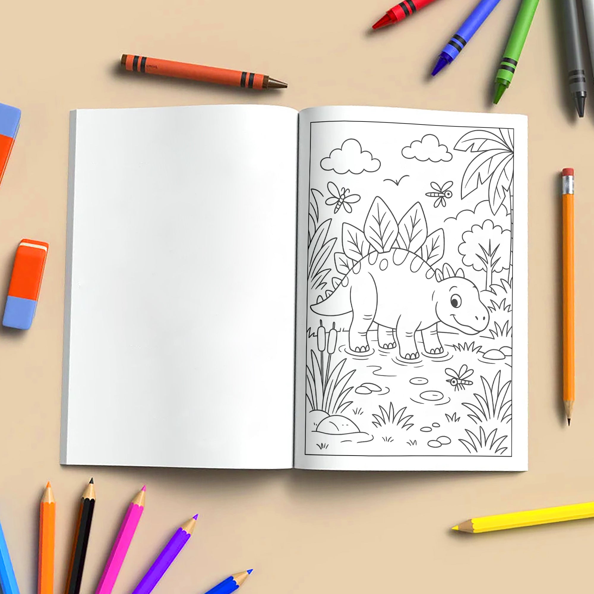 Gentle Dinosaurs in Nature Coloring Pages – 48 Pages – Cute, Calm, Jungle Adventures – For Children