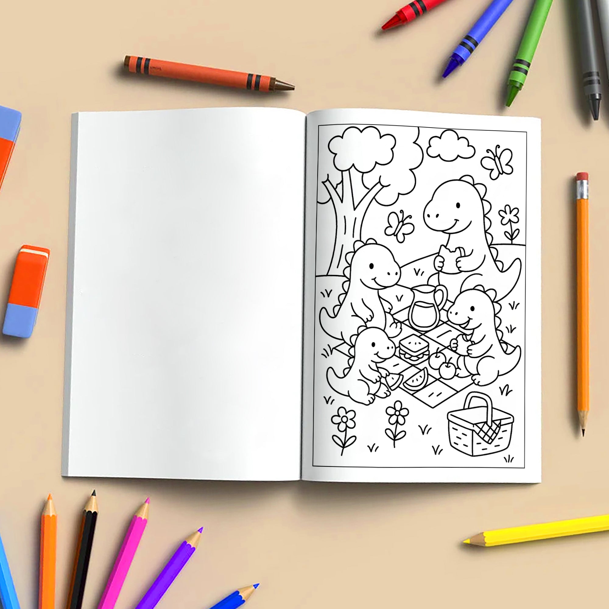 Dino Family Picnic Coloring Pages – 48 Pages – Fun, Cozy, Prehistoric Adventures – For Kids