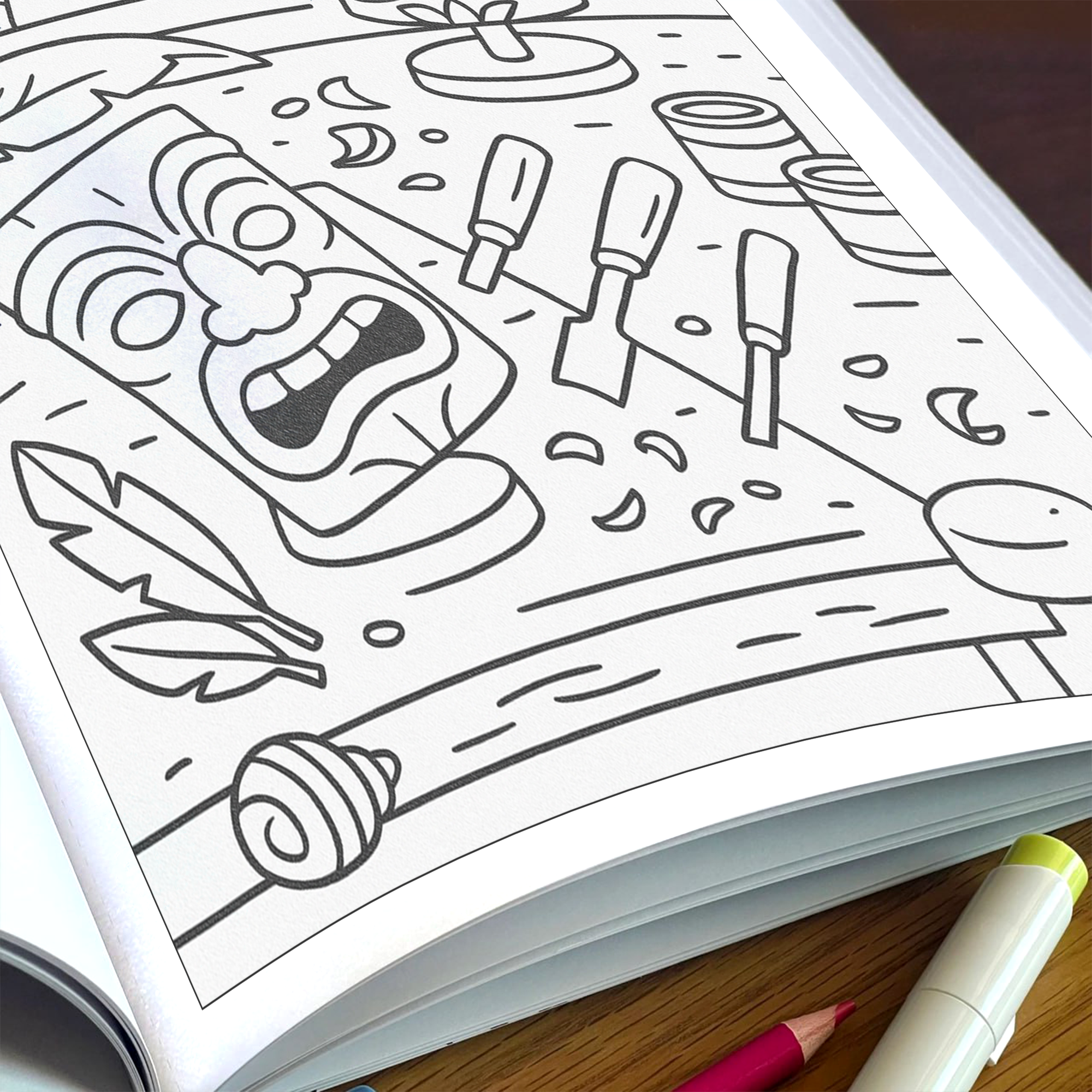 Tiki Party Vibes Coloring Pages – 48 Pages – Fun, Playful, Luau Adventures – For Kids