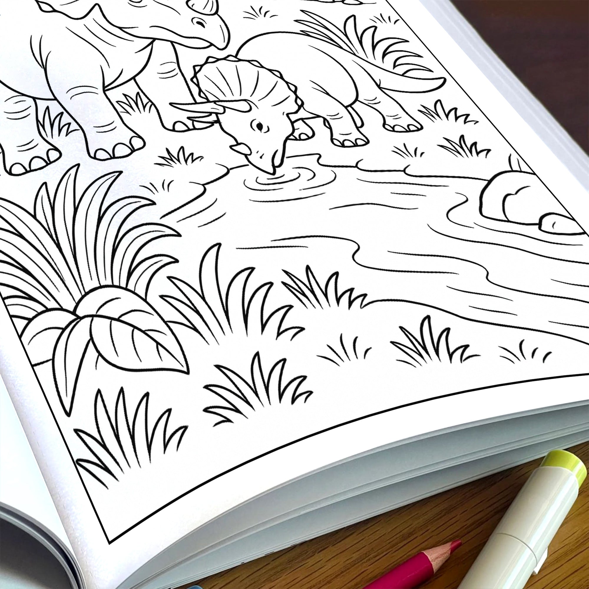Triceratops Valley Coloring Pages – 48 Pages – Cute, Peaceful, Dinosaur Family Moments – For Kids