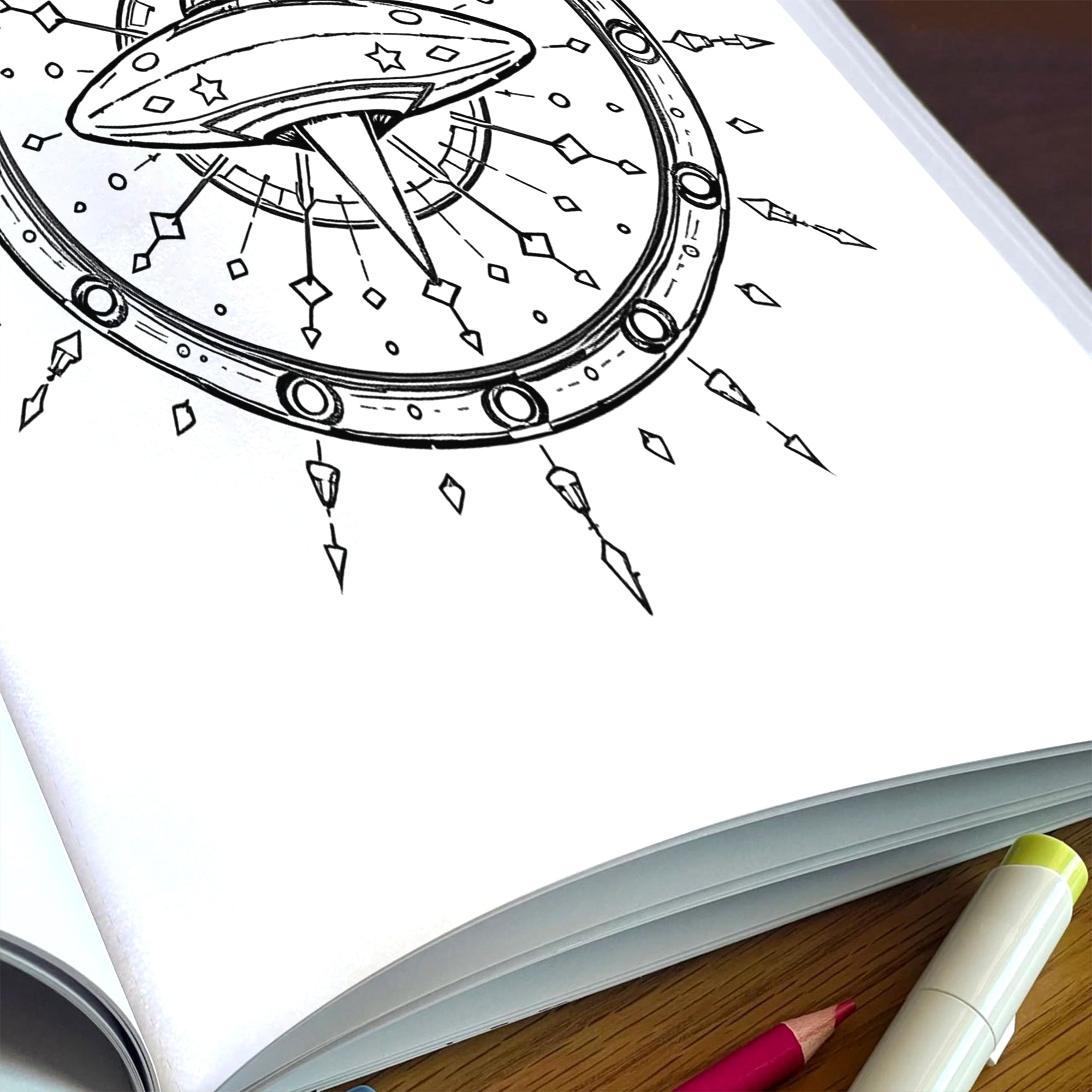 Galactic Mandalas – Mandala Coloring Pages – 48 Pages – UFOs, Aliens, Meteors & Cosmic Symbols – For Adults