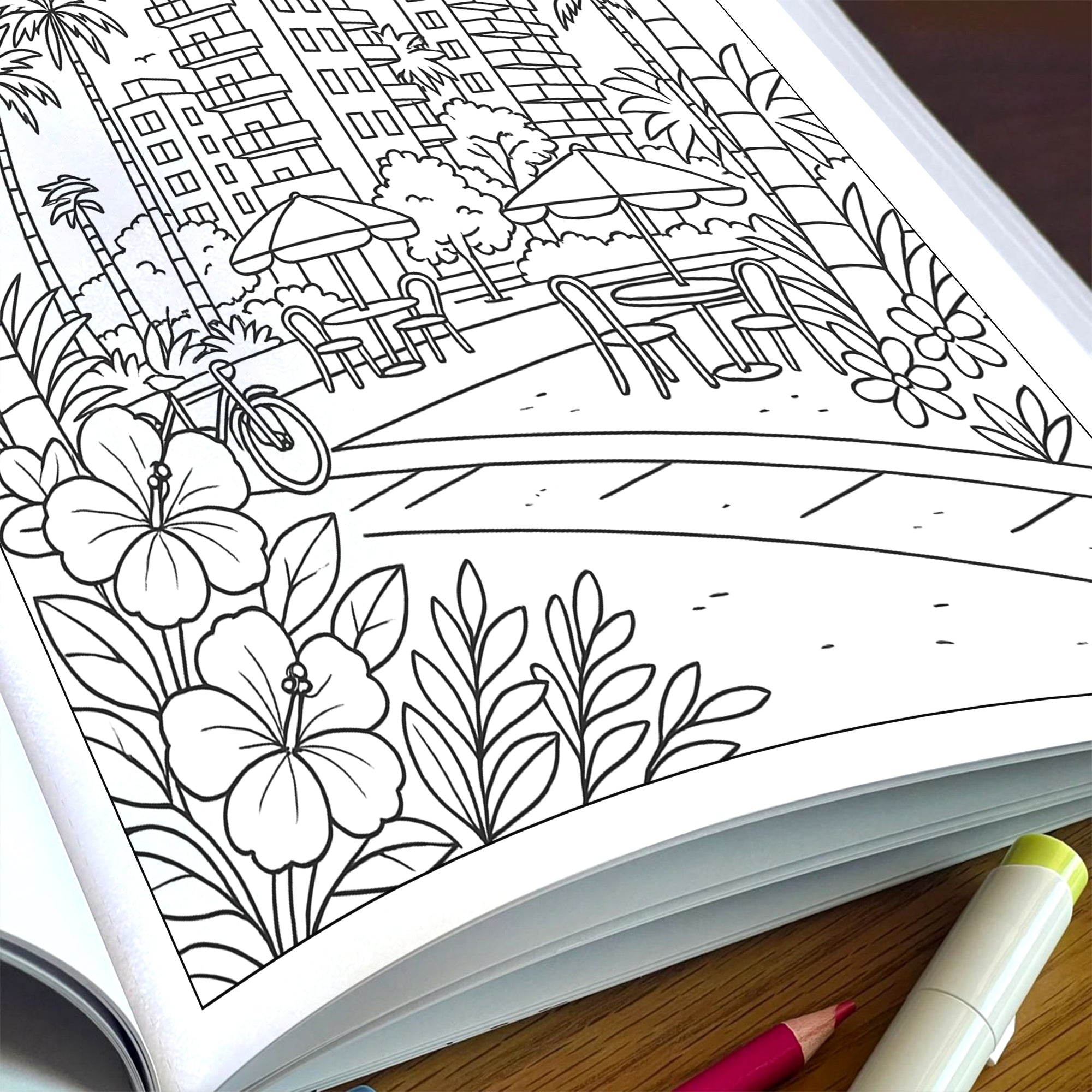 Hawaii Cityscapes & Sunsets – Hawaii Coloring Pages – 48 Pages – Tropical Urban Scenes, Sunset Views – For Adults