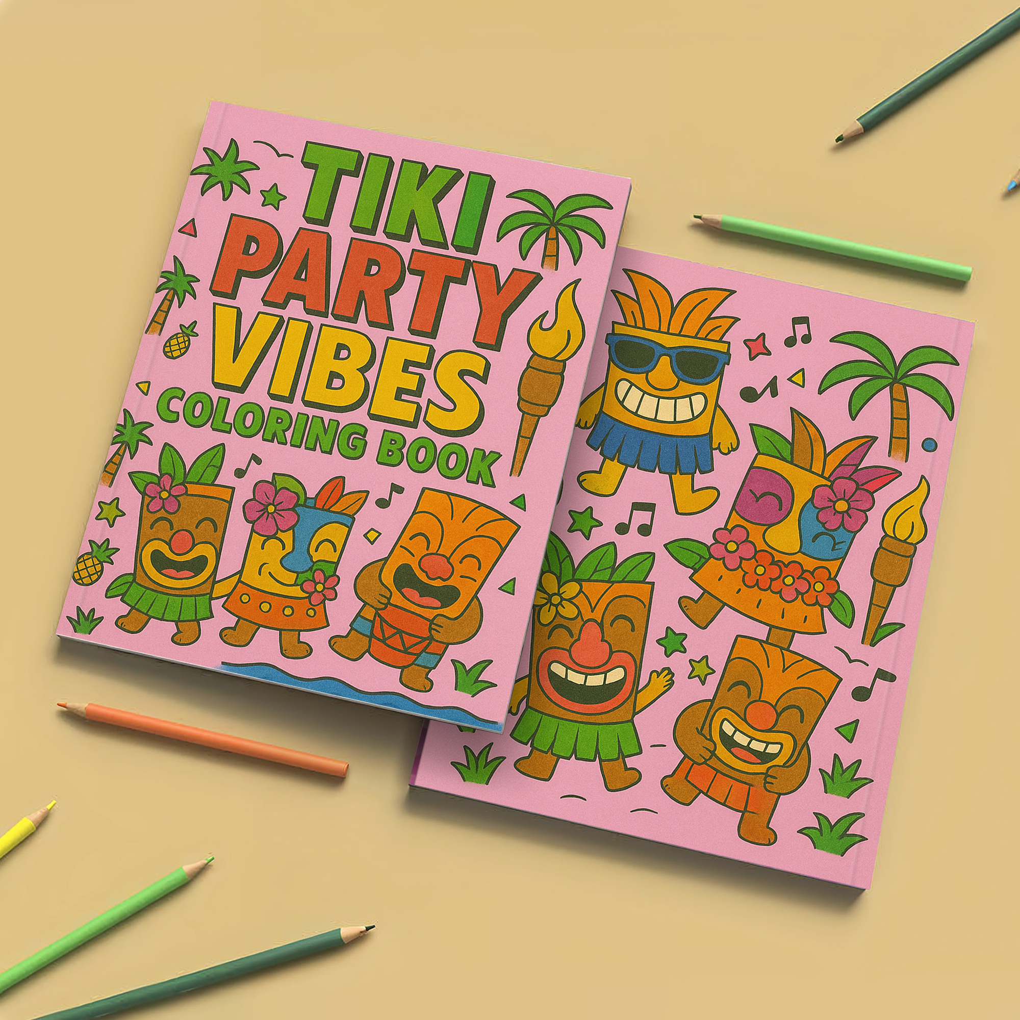 Tiki Party Vibes Coloring Pages – 48 Pages – Fun, Playful, Luau Adventures – For Kids
