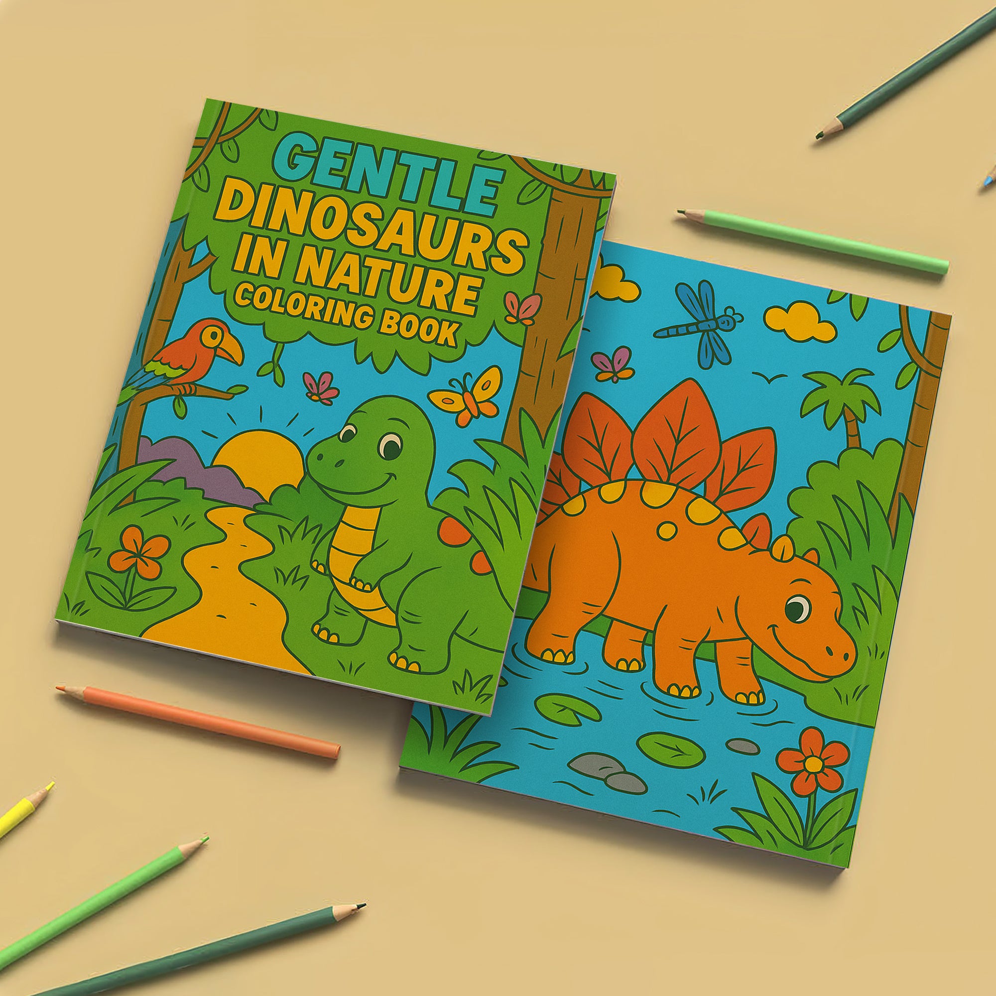 Gentle Dinosaurs in Nature Coloring Pages – 48 Pages – Cute, Calm, Jungle Adventures – For Children