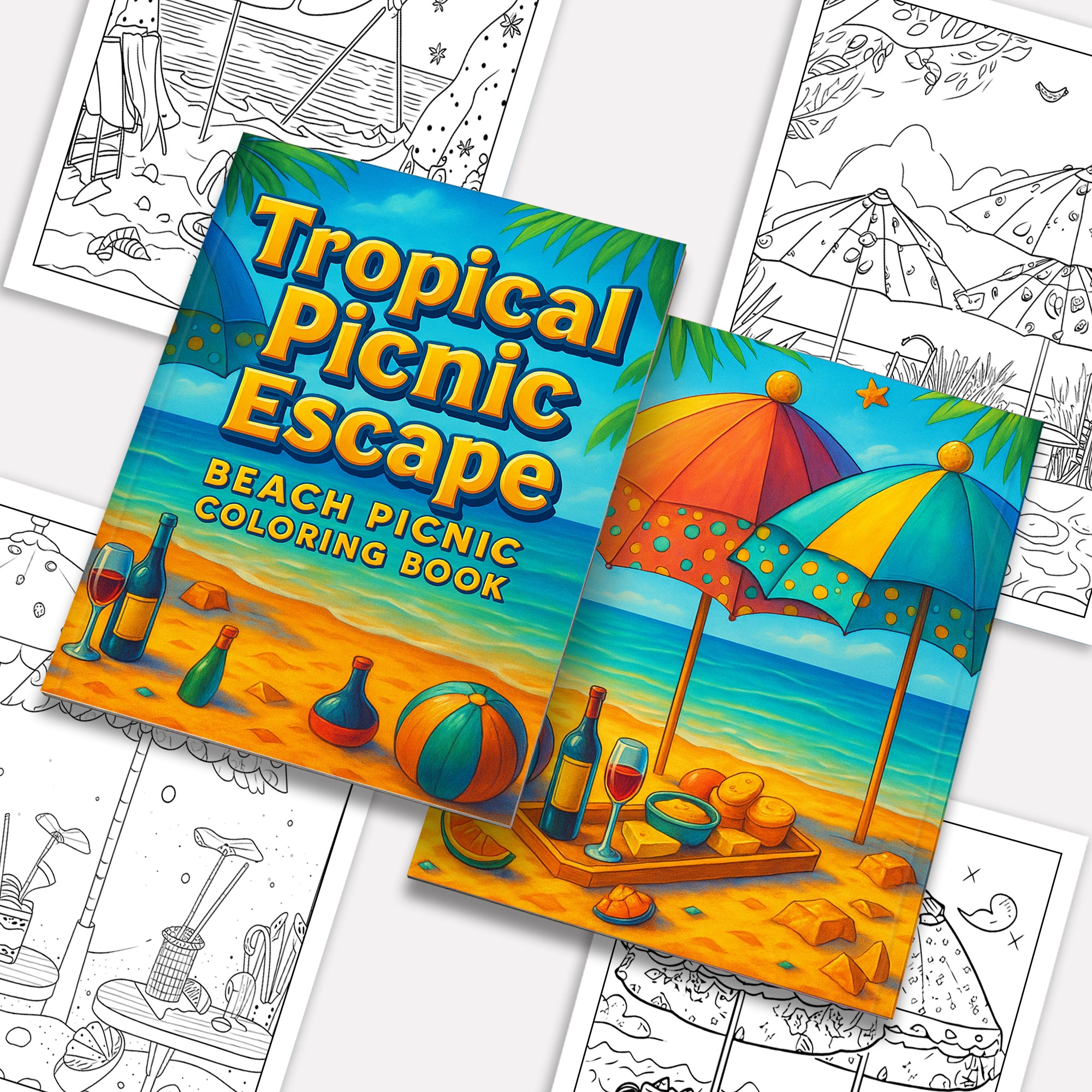 Tropical Picnic Escape Coloring Page – 48 Pages – Beach Picnic Theme – For Adults