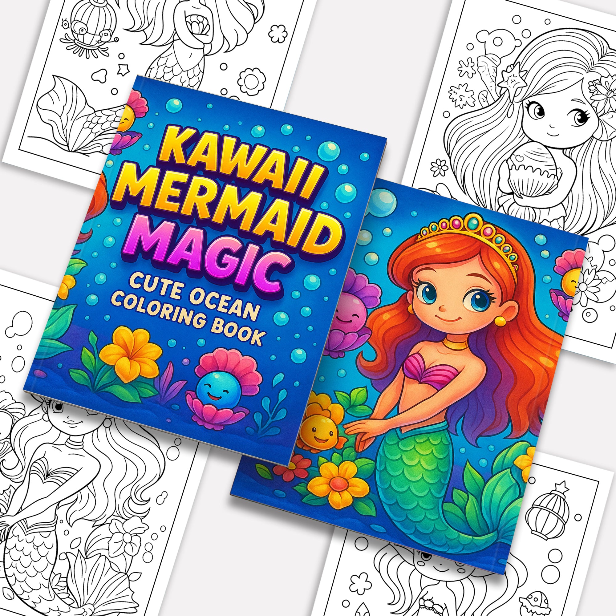 Kawaii Mermaid Magic Coloring Pages – 48 Pages – Cute Ocean, Mermaid, and Sea Life Designs – For Kids