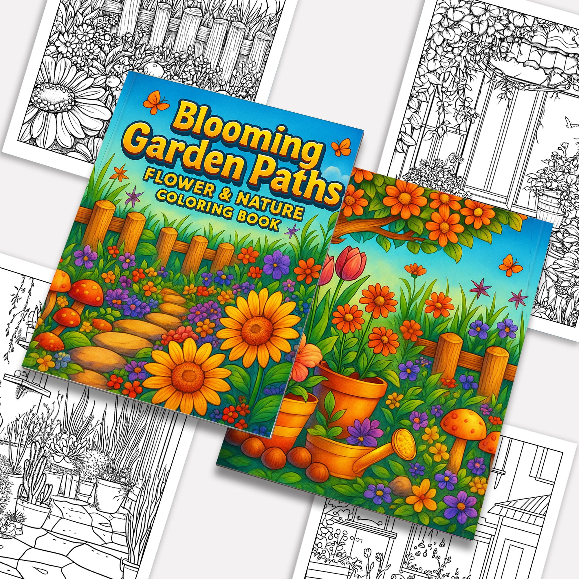 Blooming Garden Paths Coloring Pages– 48 Pages – Beautiful Flowers, Stone Paths, Wooden Fence – For Adults
