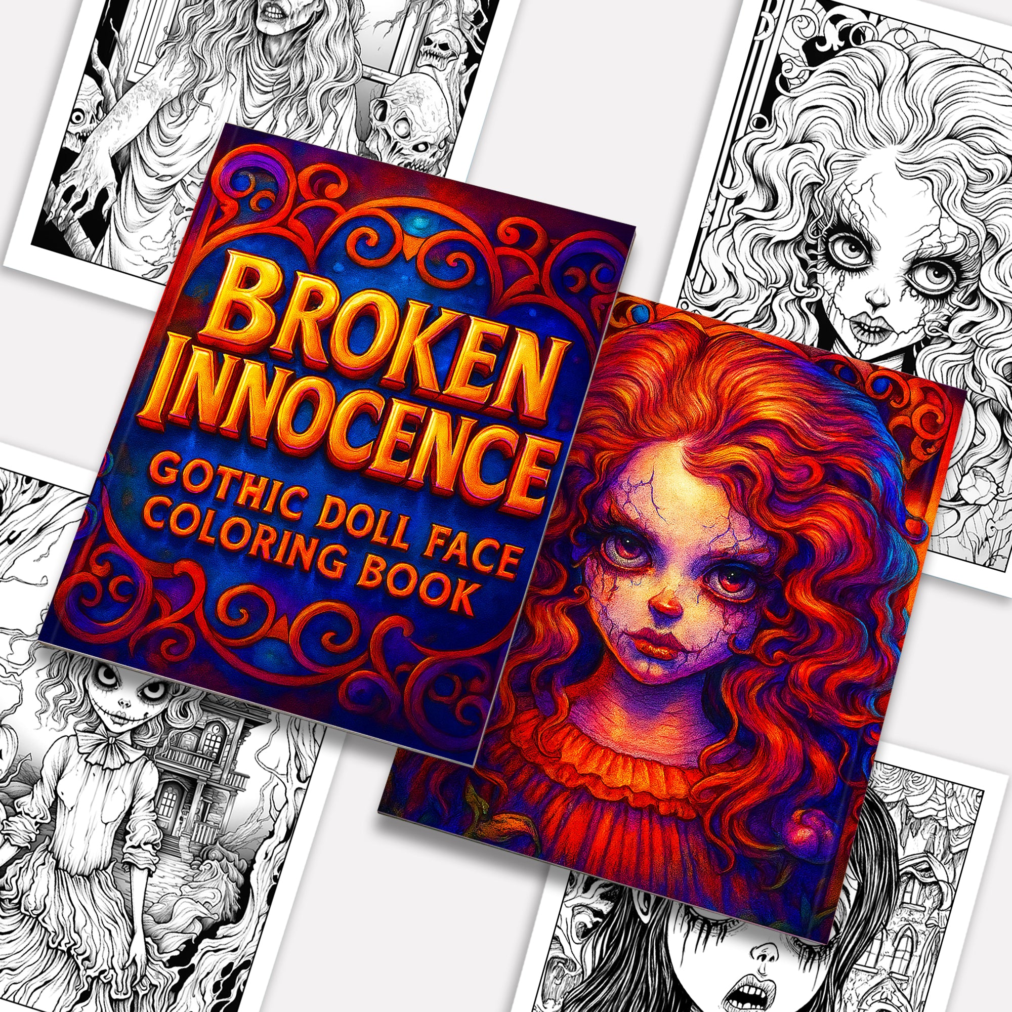 Broken Innocence Coloring Pages – 48 Pages – Creepy Doll Portraits, Cracked Porcelain Faces & Gothic Aesthetic – For Adults