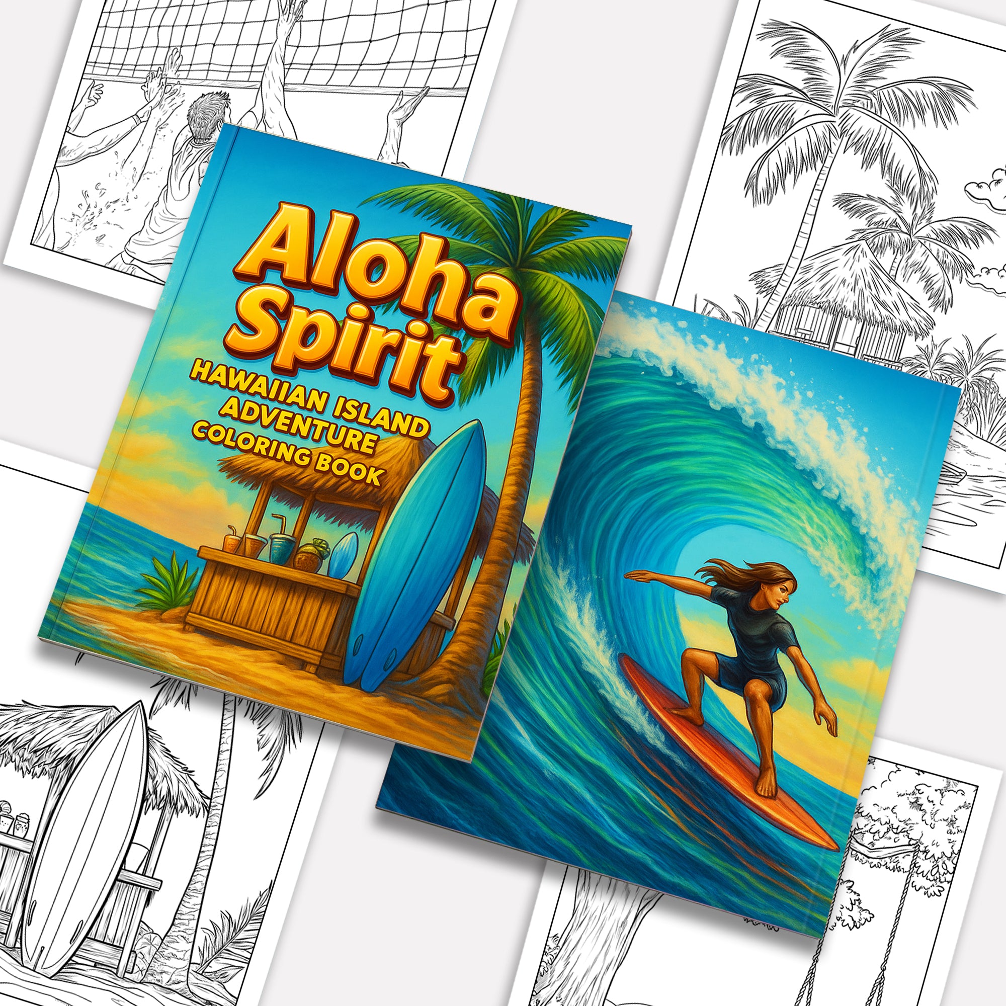 Aloha Spirit Hawaiian Coloring Pages – 48 Pages – Cute Island Life, Palm Trees, Surfboards – For Kids