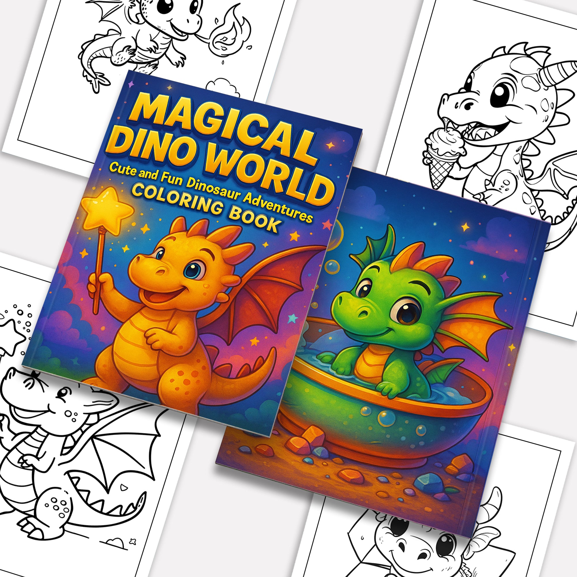 Magical Dino World Coloring Pages – 48 Pages – Cute Dinosaur Adventures, Bath Time and Magic Scenes – For Kids