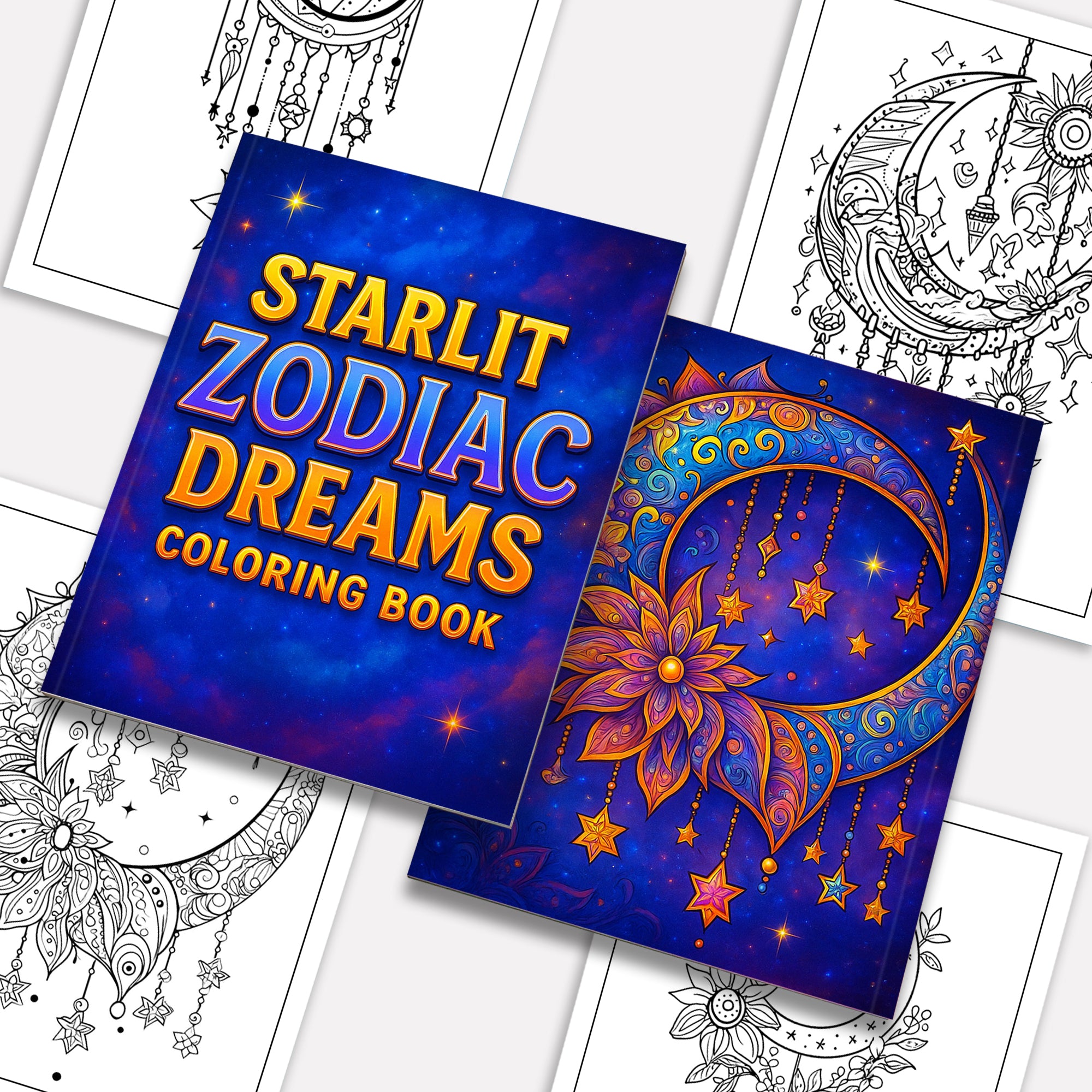 Starlit Zodiac Dreams Coloring Pages – 48 Pages – Moon, Stars & Horoscope Symbols for Adults
