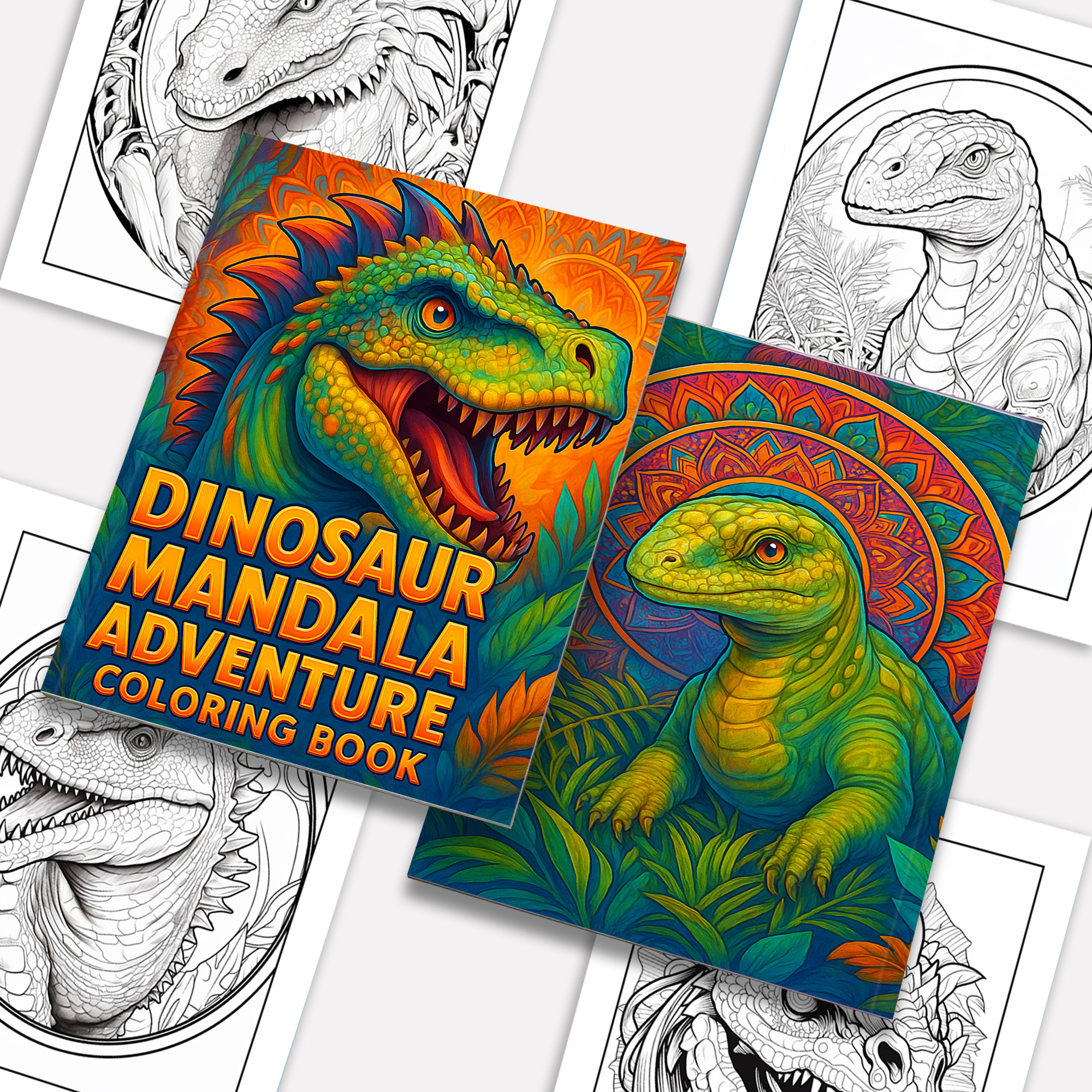 Dinosaur Mandala Adventure Coloring Pages – 48 Unique Dinosaur Designs for Kids & Adults