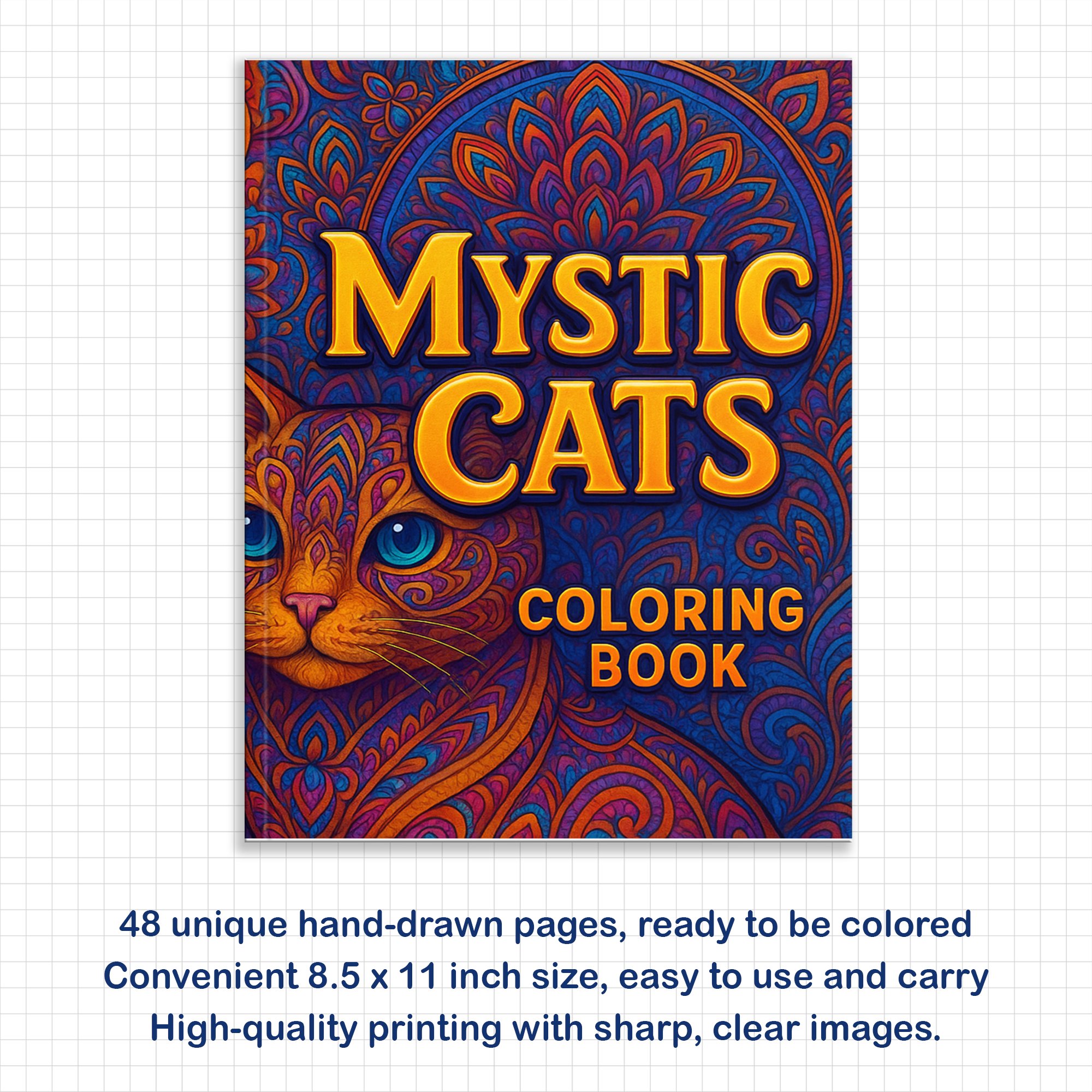 Mystic Cats – Mandala Coloring Pages – 48 Pages – Intricate Feline Patterns, Stress-Relieving Designs – For Adults