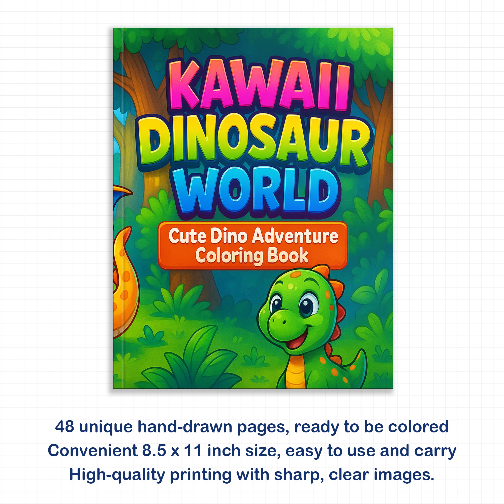 Kawaii Dinosaur World – Cute Dino Adventure Coloring Pages – 48 Pages – Magical, Fun, Easy to Color – For Kids
