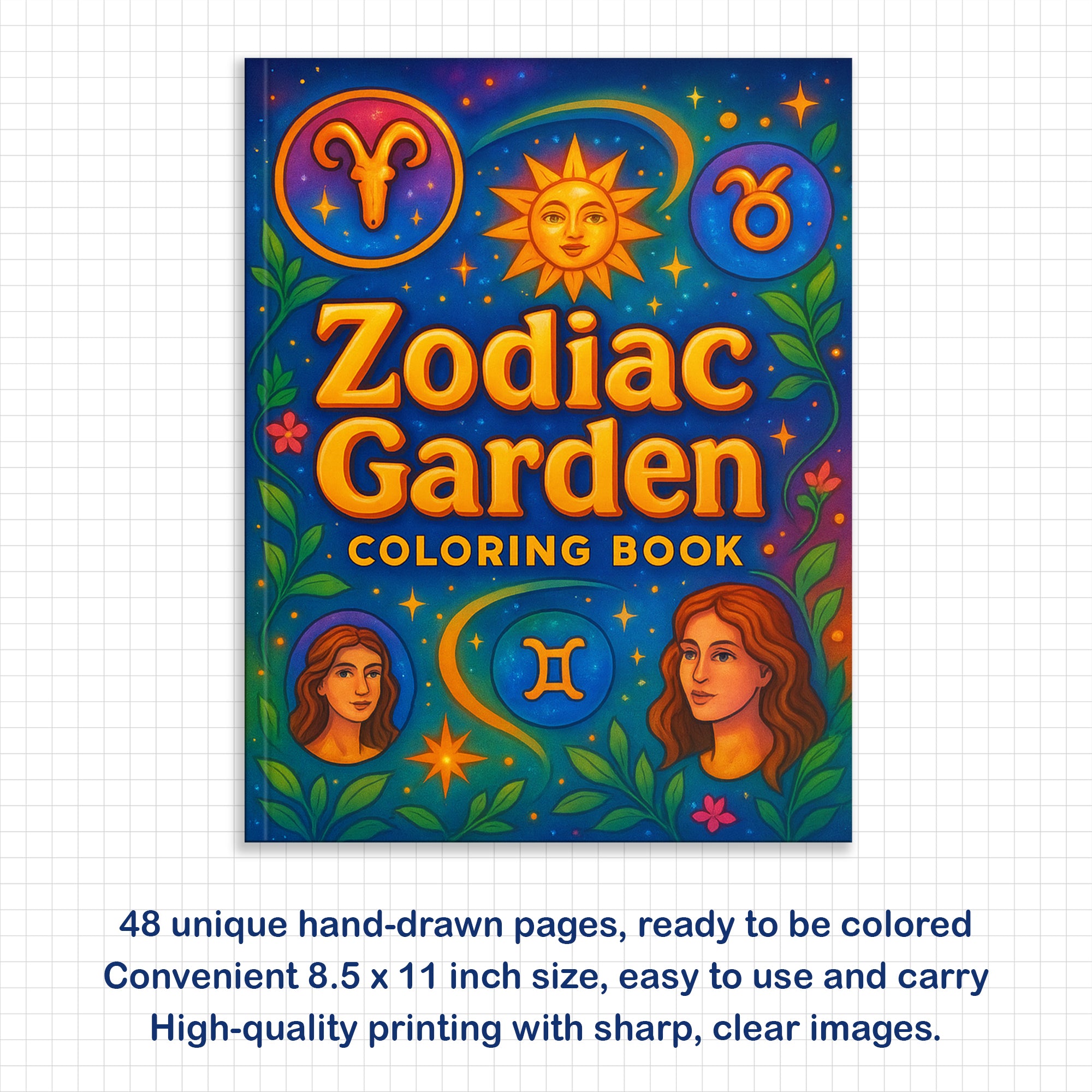 Zodiac Garden Coloring Pages – 48 Pages – A Whimsical Astrology Coloring Book – For Adults