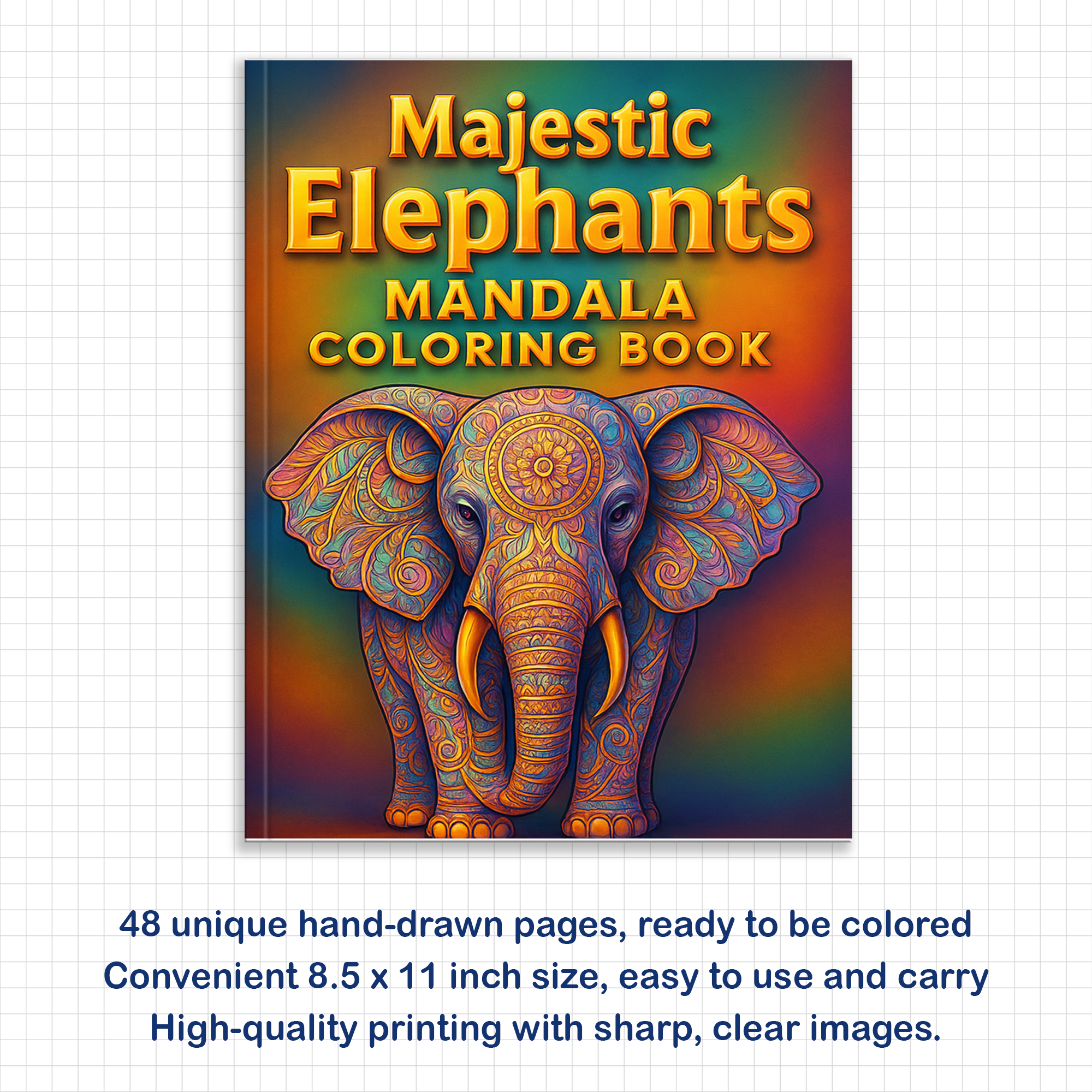 Majestic Elephants Mandala – Animal Coloring Pages – 48 Pages – Ornate Animal Designs, Bold Lines, Stress Relief – For Adults