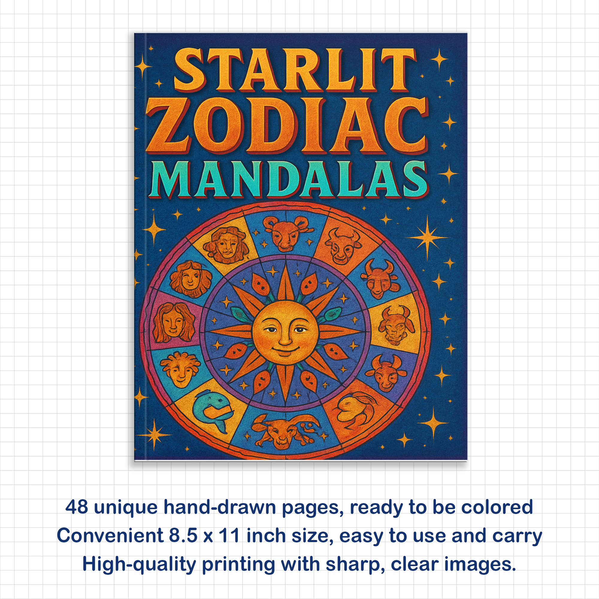 Starlit Zodiac Mandalas – Zodiac Coloring Pages – 48 Pages – Cosmic Patterns, Horoscope Magic – For Adults