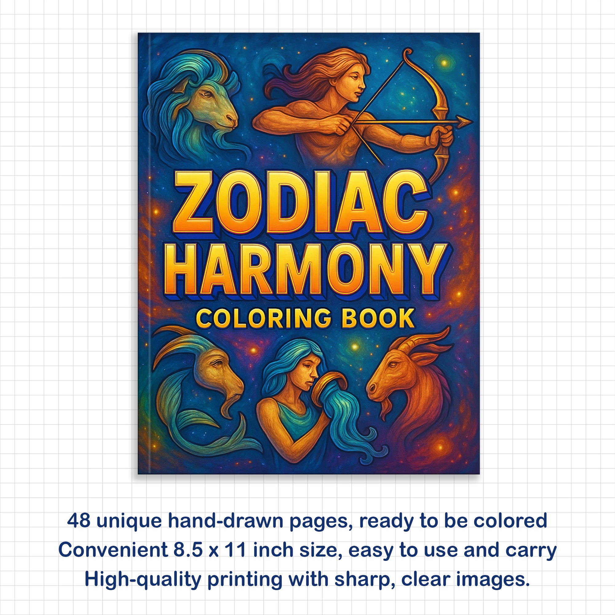 Zodiac Harmony Coloring Pages – 48 Pages – 12 Star Signs, Celestial Art, Spiritual Vibes – For Adults