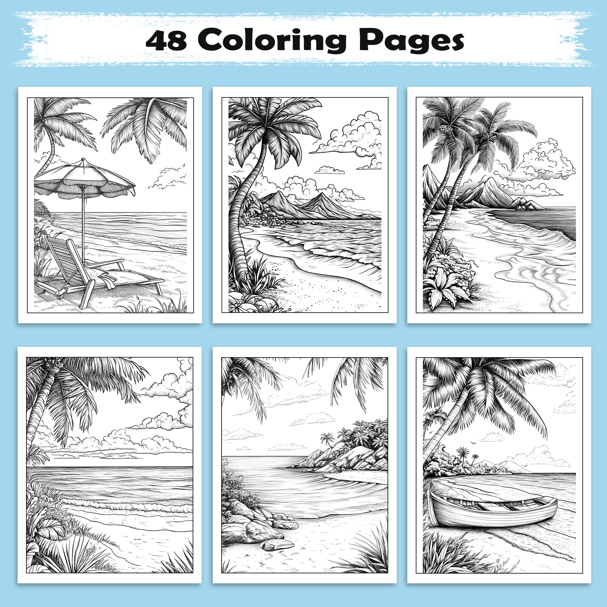 Tropical Calm Coloring Pages – 48 Peaceful Hawaii Coastline Illustrations for Adults
